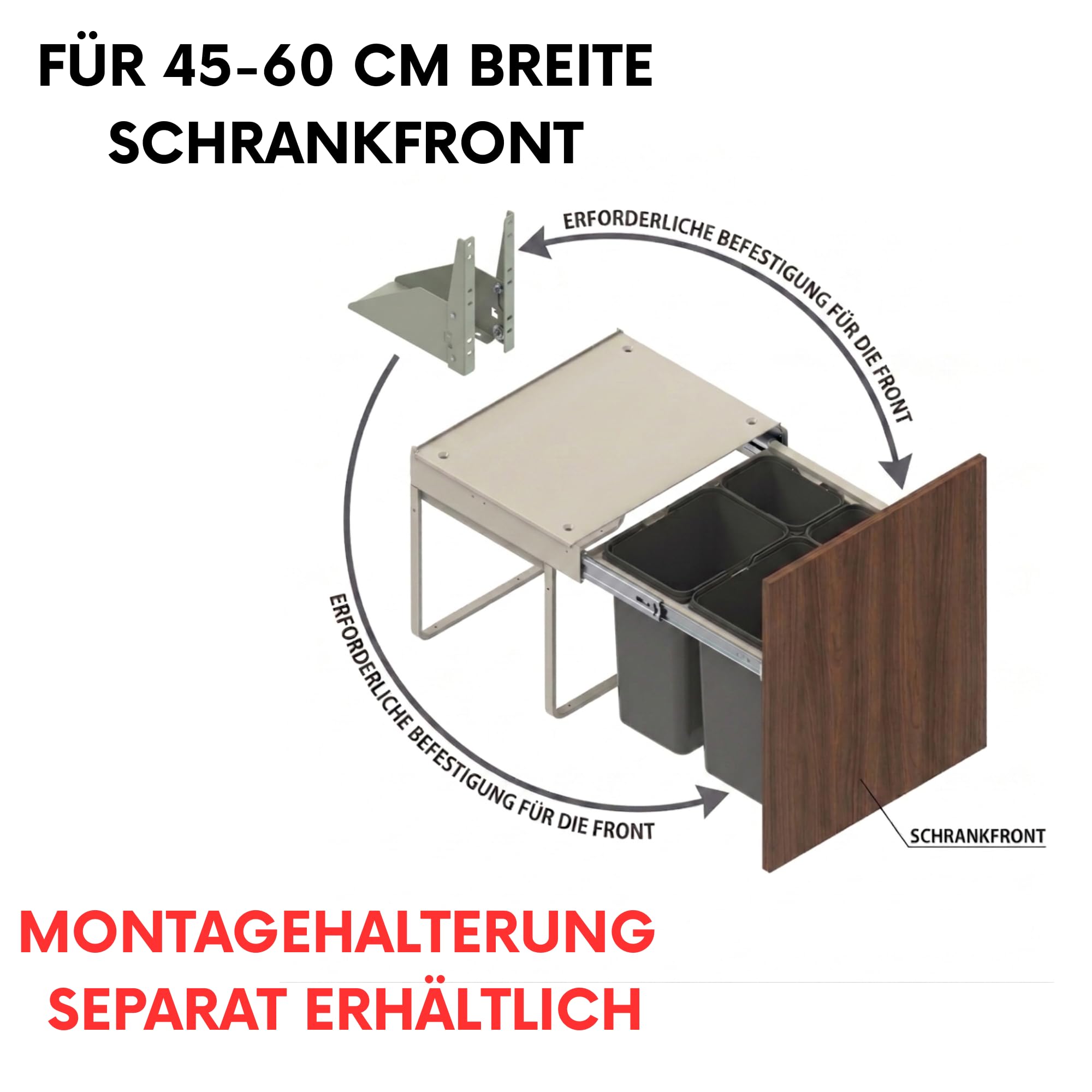 Einbau-Mülltrennsystem für 45 cm Unterschrank Müllauszug System mit Griff und Metallschienen Vollauszug zur Müllsortierung 2-fach Abfalltrennung (2x 20L), 41,4 x 50,5 x 45 cm