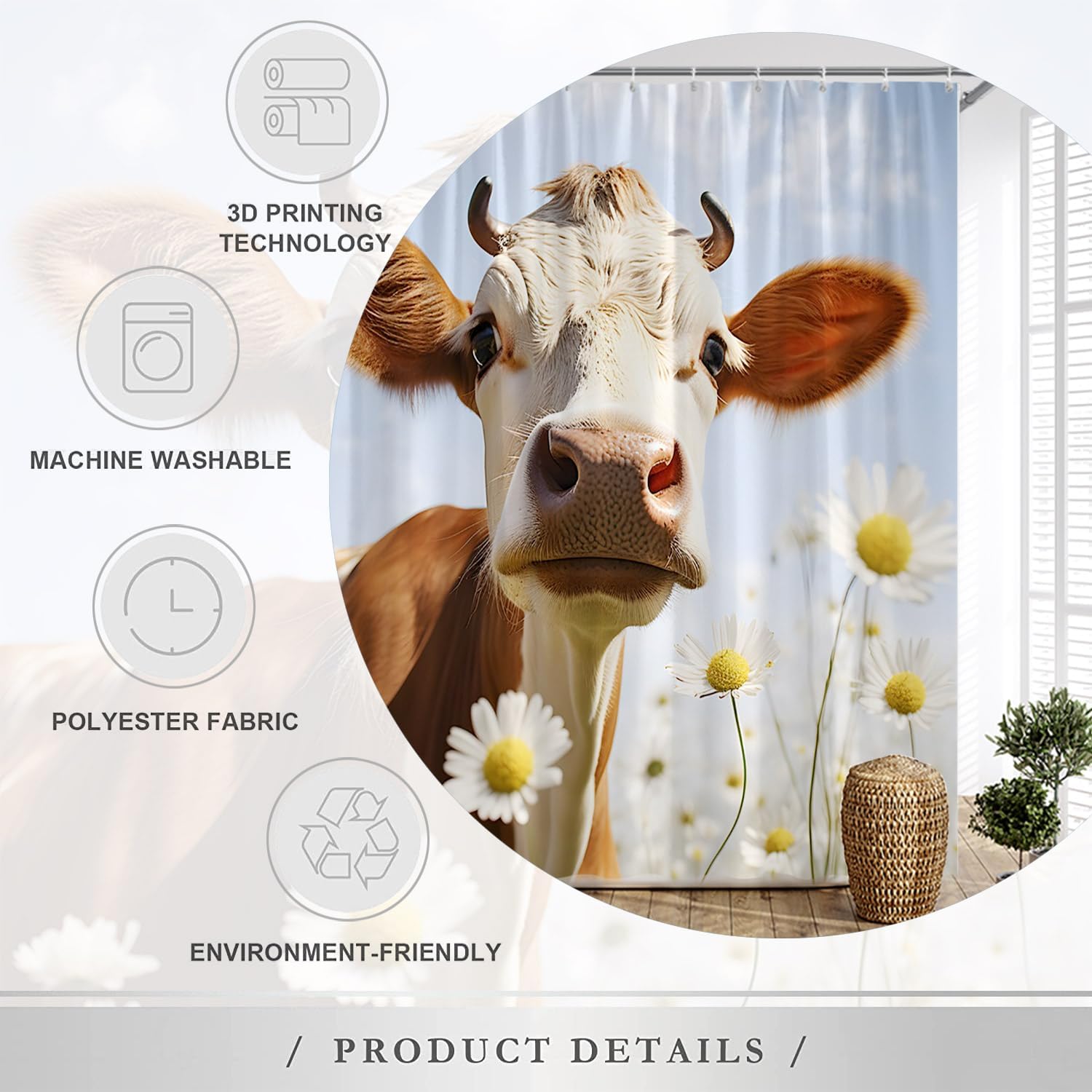 Farm Cow Shower Curtain Rustic Daisy Cute Bull Western Country Farmhouse Animal Blue Sky Funny Bathroom Decor Curtains with Hooks 70X90 Inch