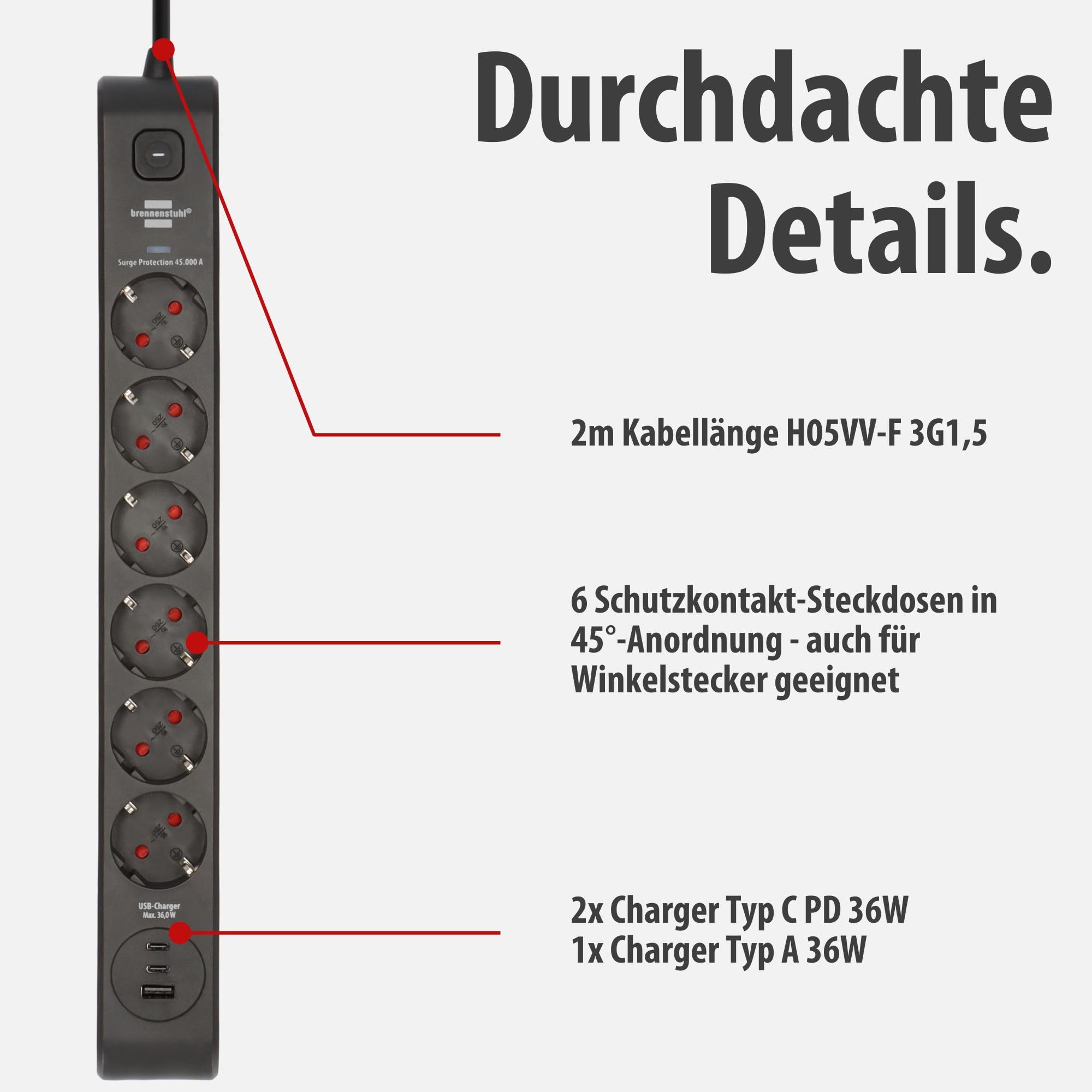 Brennenstuhl Ciabatta elettrica a 6 prese con USB e protezione da sovratensioni (presa multipla con 2 prese USB C PD 36 W per ricarica rapida e 1 USB A 36 W, interruttore, cavo da 2 m) nero