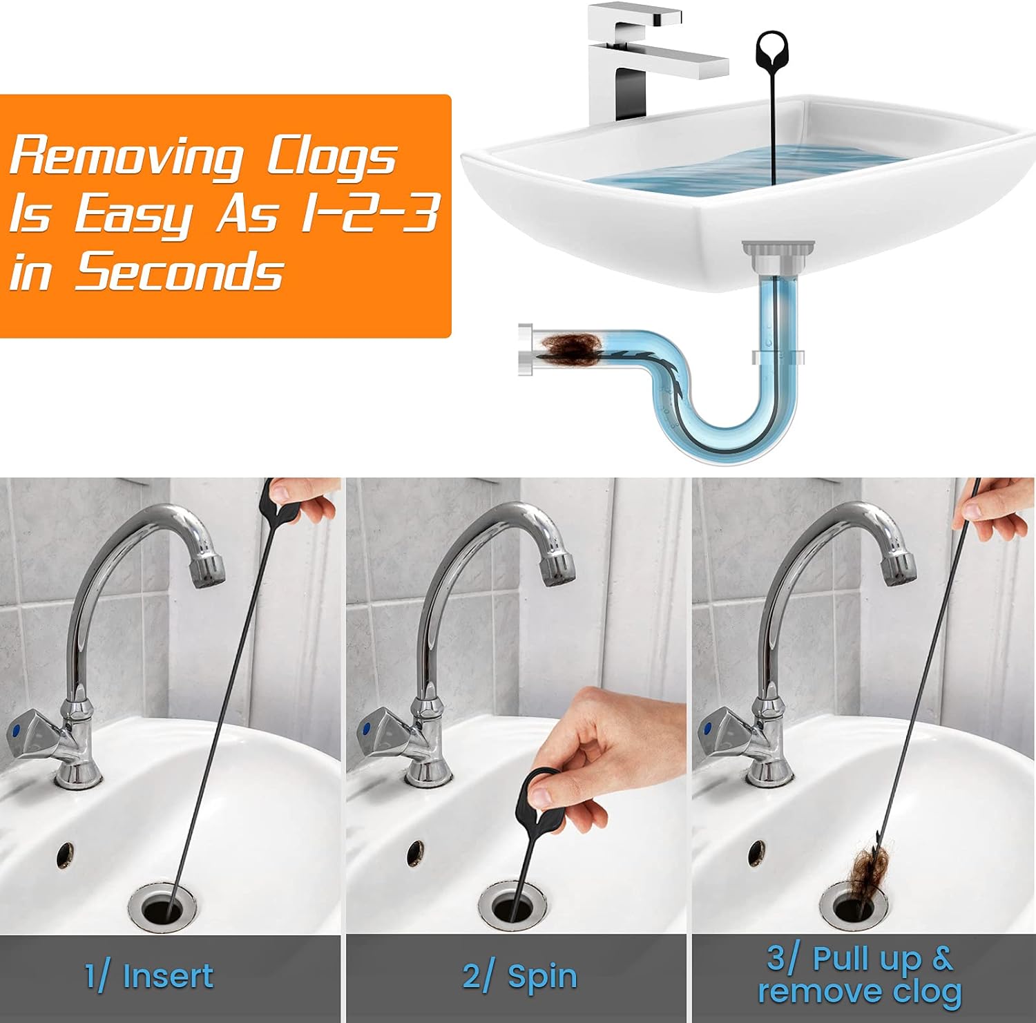 Drainsoon 30 Inch Hair Snake Drain Clog Remover (5 Pack), Nylon Snake