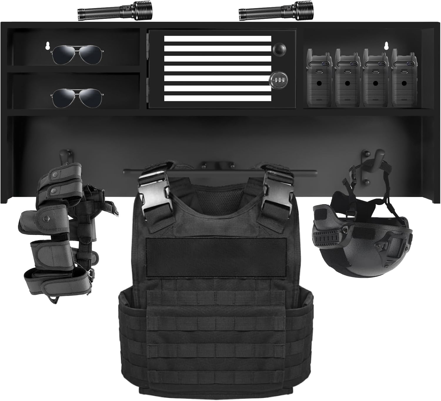 Heavy Duty Police Gear Rack Wall Mount with Combination Lock, Tactical Duty Gear Hanger with 2 Hooks for Law Enforcement Equipment, Ideal for Police Station, Firehouse, Security Office & Home Use