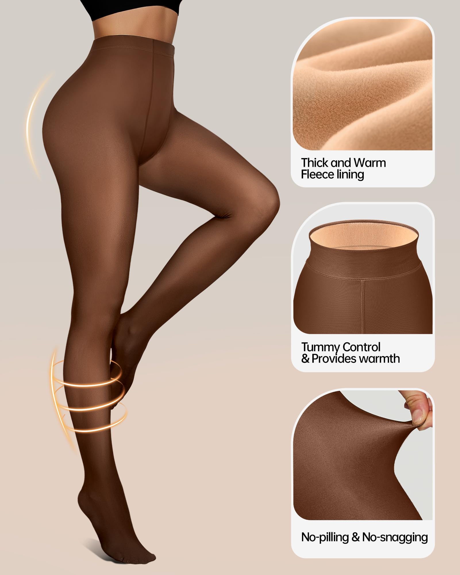 OEAK Collant da donna foderati in pile finto traslucido, termici, opachi, a vita alta, caldi leggings con piedi, Finto caffè traslucido, Large-X-Large