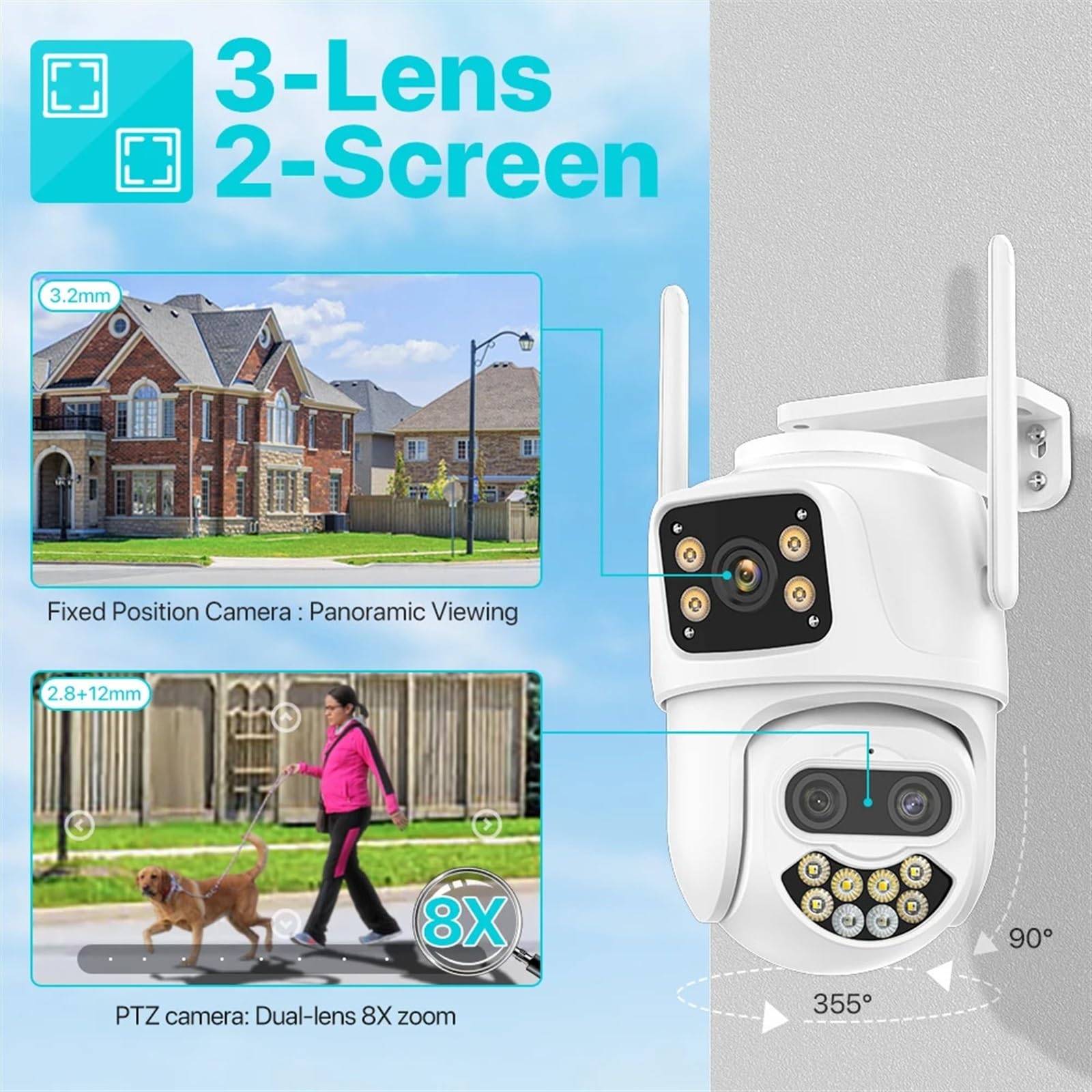 Kamera bezpieczeństwa, Kamera IP zewnętrzna kamera PTZ 4K 9MP HD z obiektywem podwójny ekran automatyczne śledzenie ochrona bezpieczeństwa nadzór wideo 2K(4MP Add 128G Card)
