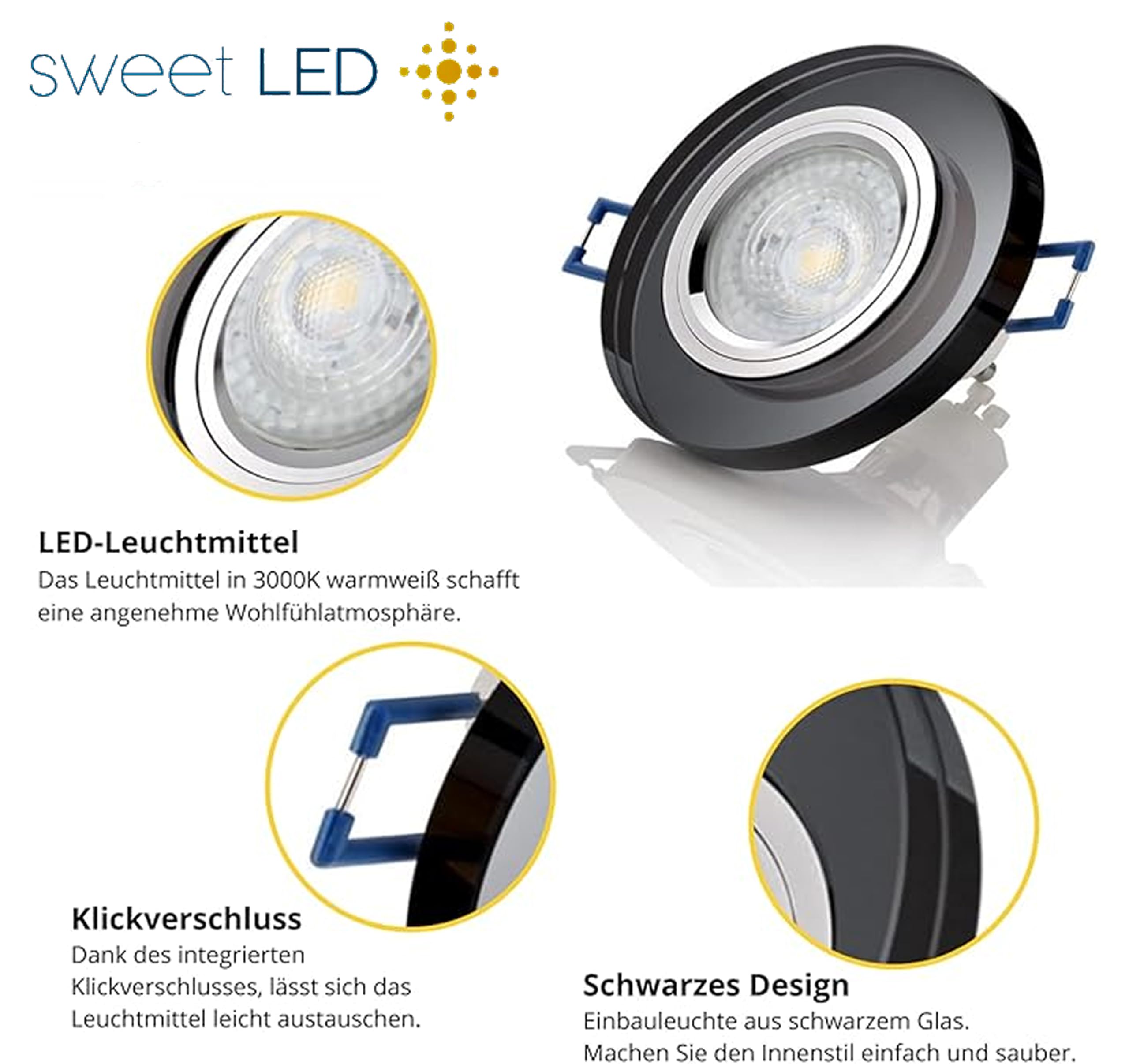 Sweet Led Einbaustrahler Glas 230V – 7W LED Spots, 530 Lm Warmweiß – GU10 Deckenspots, runde Einbauspots 68 mm, Schwarz – 3000K Deckenstrahler 6er Set