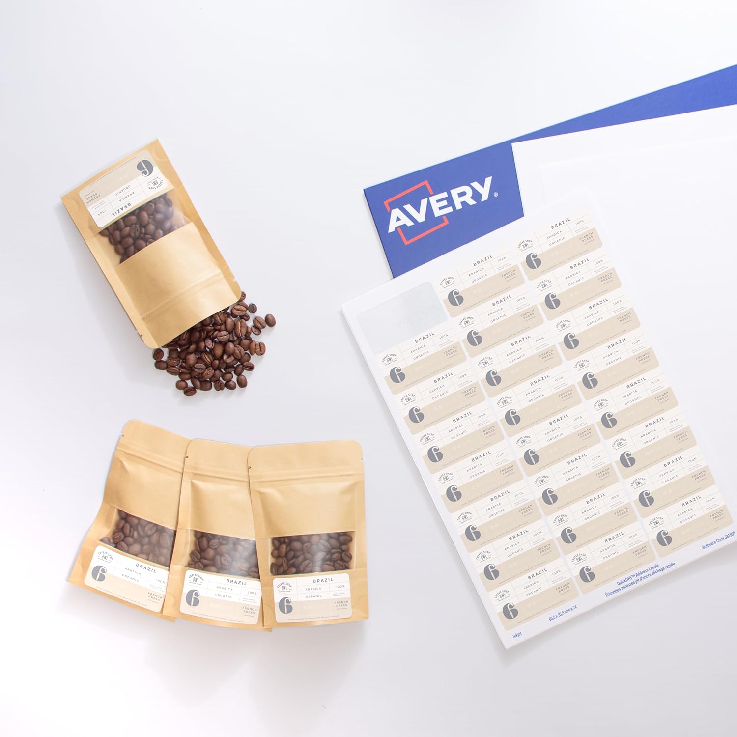 Avery Self Adhesive Address Mailing Labels, Inkjet Printers, 24 Labels per A4 Sheet, 2400 Labels, Quickdry (J8159), White