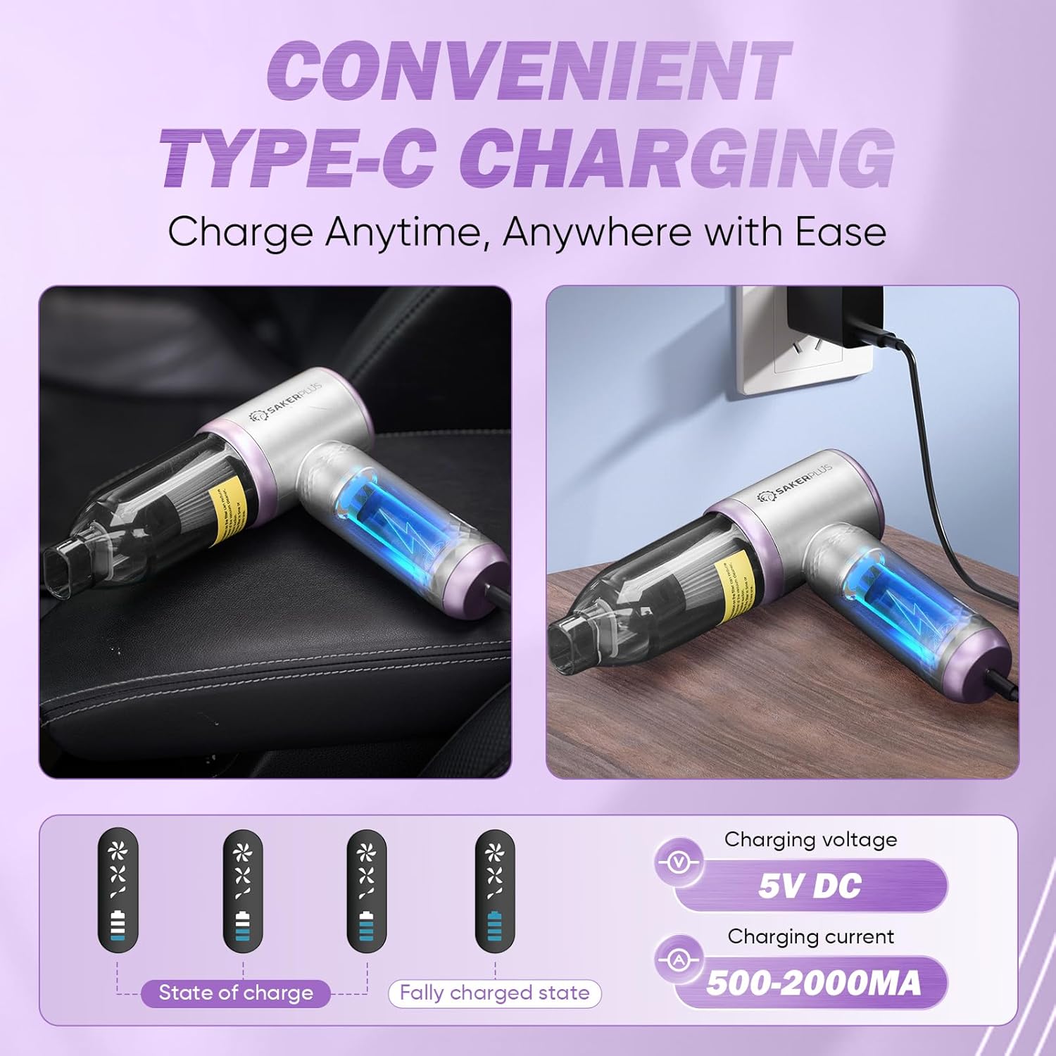 SakerPlus Mini Vacuum Cleaner, 3 in 1 Cordless Handheld Vacuum Cleaners, 18000Pa High Power Car Vacuum Cleaner with Brushless Motor,Adjustable Car Vaccum Portable for Cars,Desktop (Sliver and Purple)