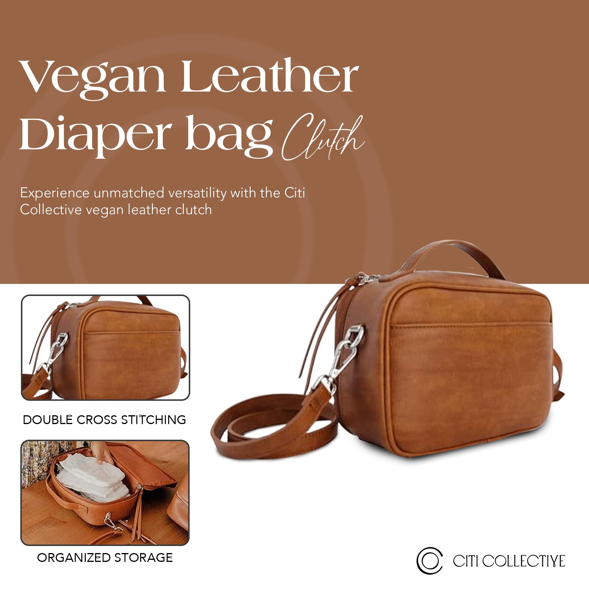 Citi Collective Wickeltasche Clutch – stilvolle und umweltfreundliche vegane Lederlösung für Eltern unterwegs, Vintage Tan