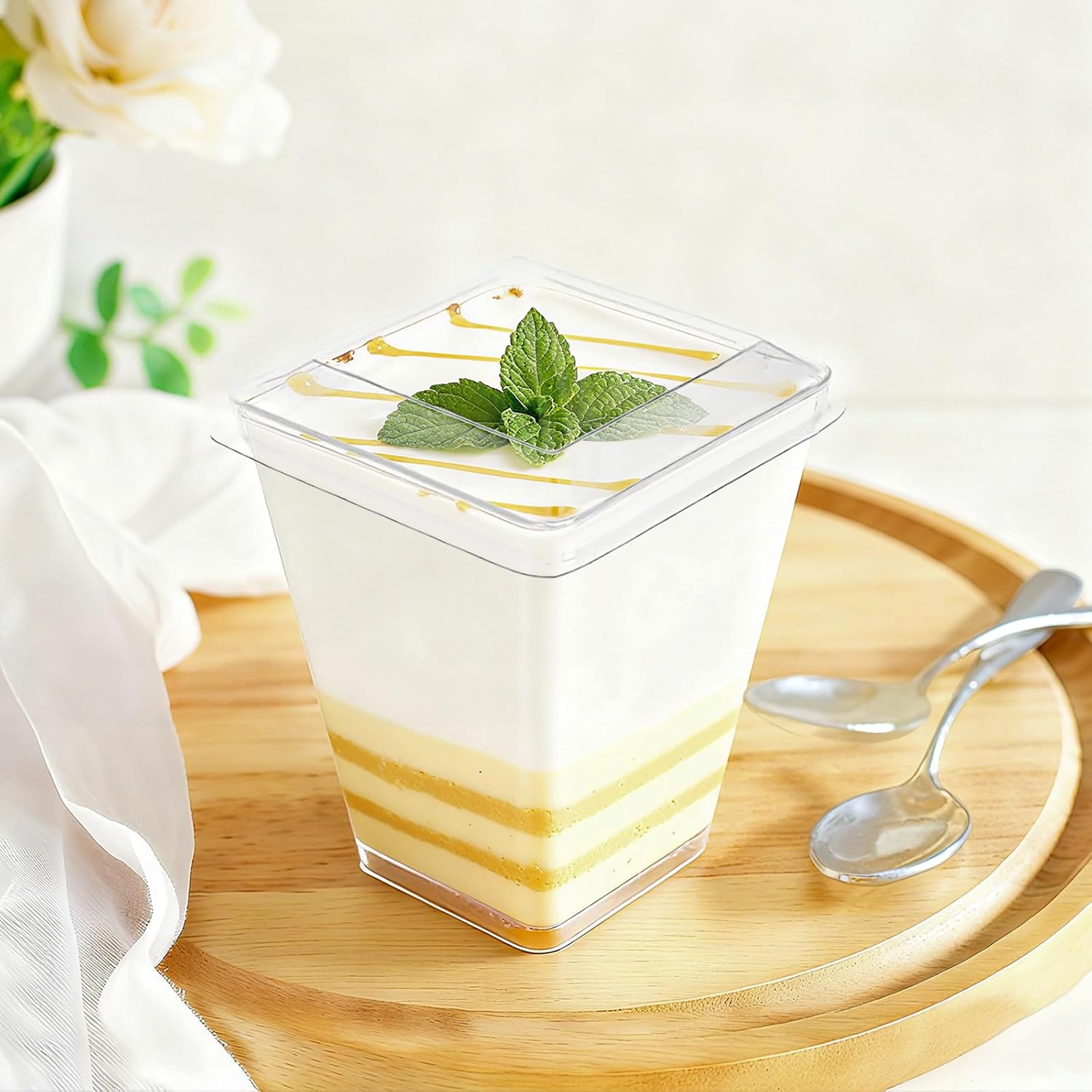 100 Pack 5 oz Plastic Dessert Cups with Lids and Spoons, Clear Pudding Parfait Shooter Jello Fruit Cups for Party Serving, Disposable Ice Cream Bowls for Yogurt Trifle Appetizer Snack Candy Nuts - Image 4