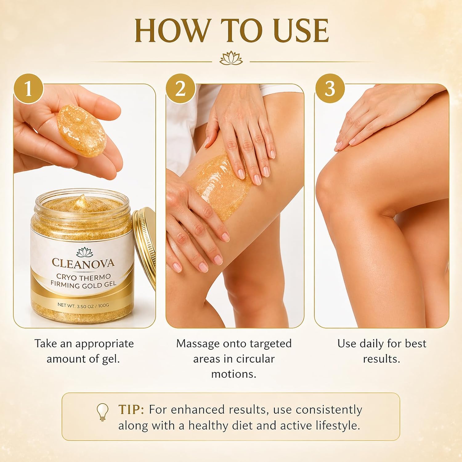 Cleanova Cryo Thermo Firming Gold Gel, 3.5 oz | Targeted Cellulite Gel for Smooth & Firm Skin