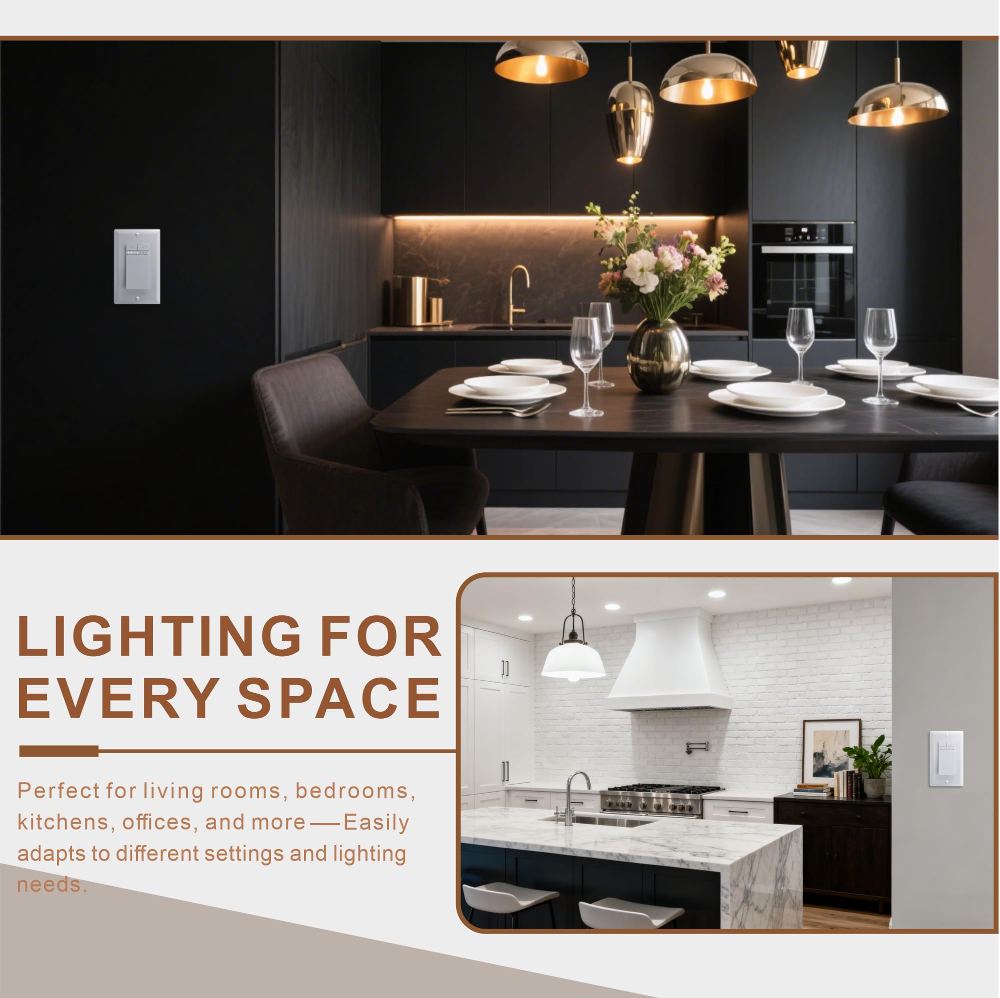 ECOELER Interruttori dimmer a polo singolo, per lampadine alogene e a incandescenza da 150 W, lampadine alogene e a incandescenza da 300 W, necessita di filo neutro, piastra da parete inclusa, ETL e