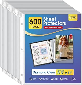 KTRIO Sheet Protectors for 3 Ring Binder 600 Pack, Clear Page Protectors 8.5 x 11, Plastic Binder Sleeves for Paper, Top Loading, Office Home School