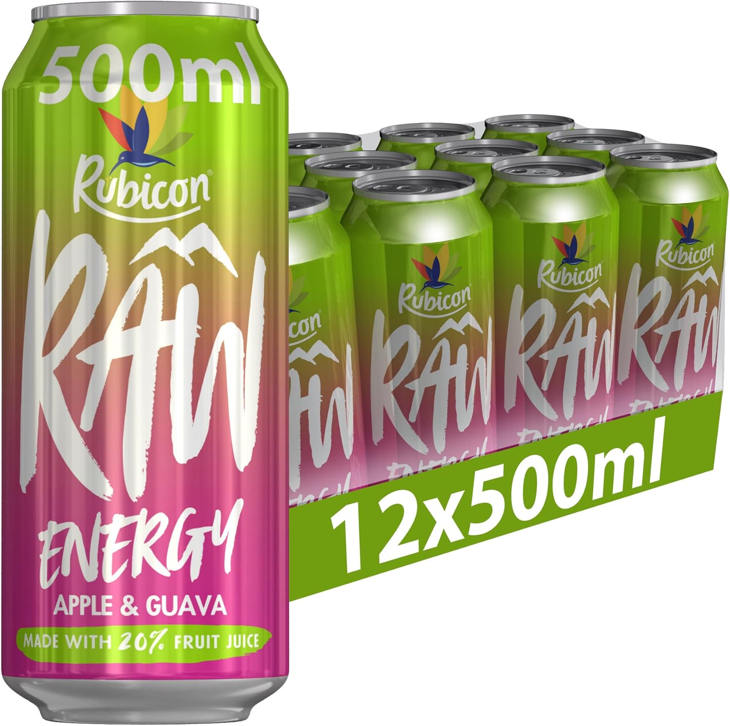 Rubicon RAW Apple & Guava Energy Drink, 20 Fruit Juice, High Caffiene
