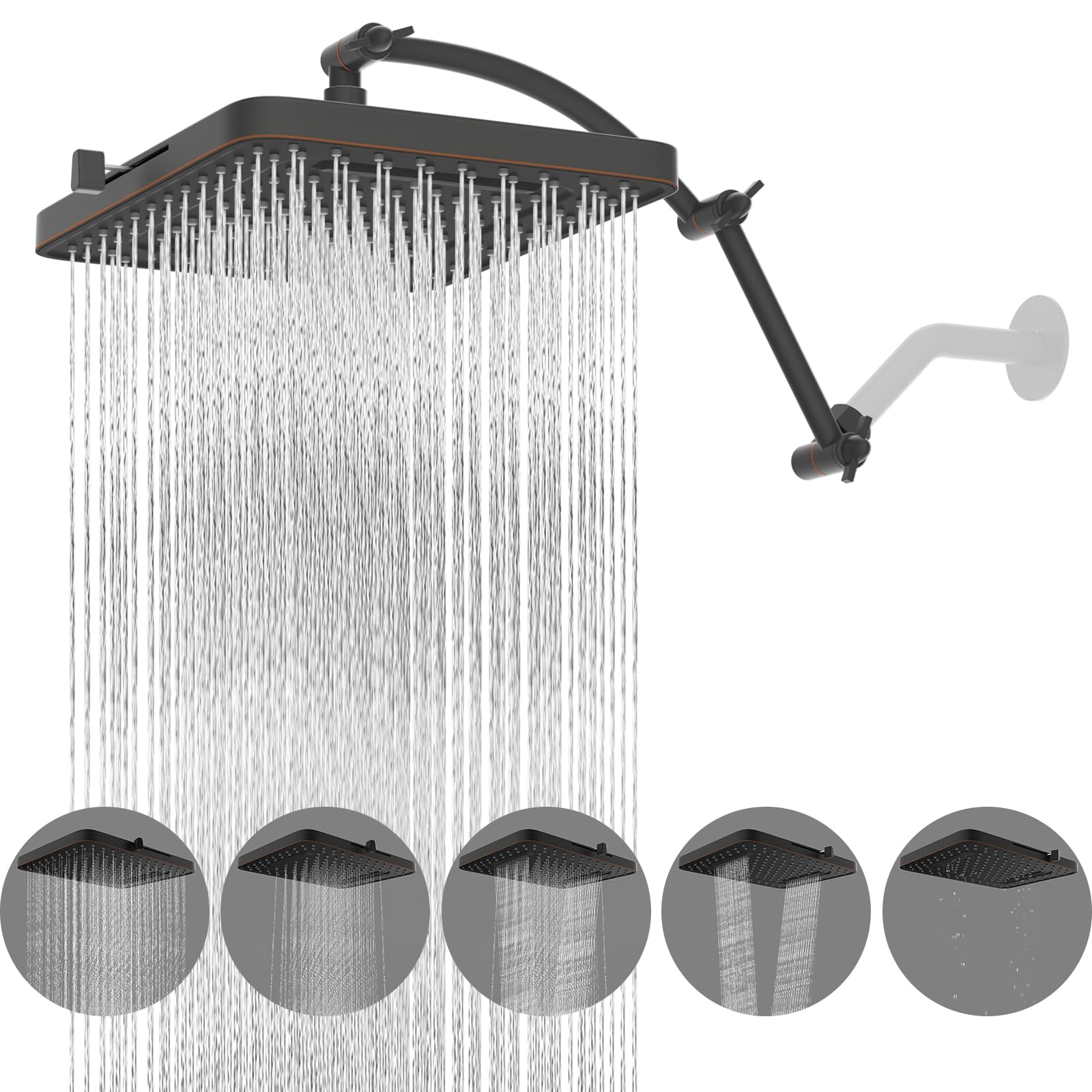 Hibbent Rain Shower Head, 13'' High Pressure Rainfall 5 Spray Mode Showerhead with 16" Shower Head Extension Arm, Brass Adjustable Shower Arm Extender, Waterfall fixed Showerheads, Oil Rubbed Bronze