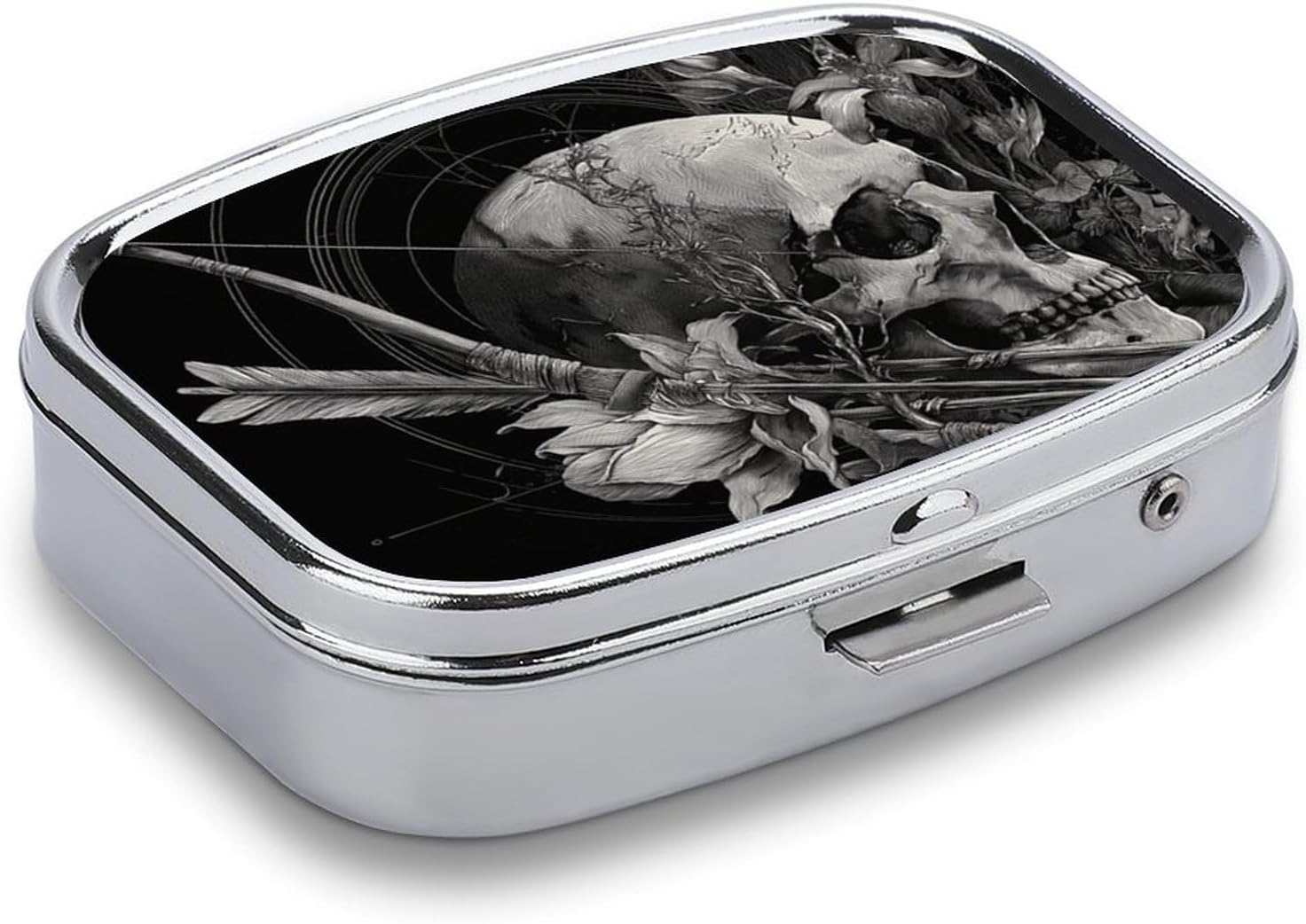 Metal Pill Organizer – 2-Compartment Pocket Pill Box for Vitamins, Supplements, Medications – Compact Travel Case (Skull Arrows with Lilies) image 2