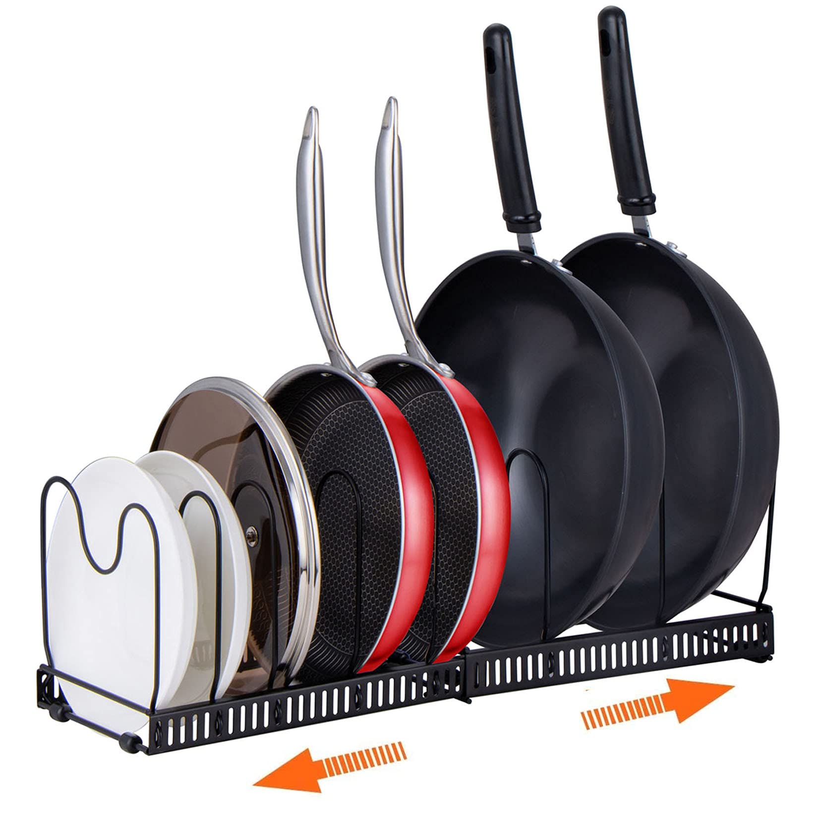 Expandable Pot and Pan Organizer Rack, 12+ Pot Lid Organizer Holder, Bakeware Adjustable Rack, Kitchen Cabinet Organizer for Bakeware Cutting Boards, Black