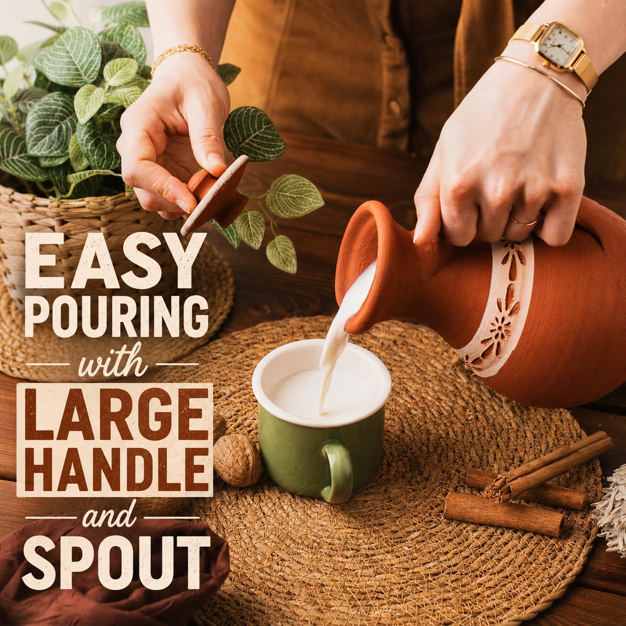 Small Handmade Natural Clay Terracotta Earthenware Earthen Mexican Water Pitcher Jug Pot with Lid for Drinking Drink Ayurveda Healthy Unglazed Pottery Style Indian Mud Kitchen Farmhouse Bohemian