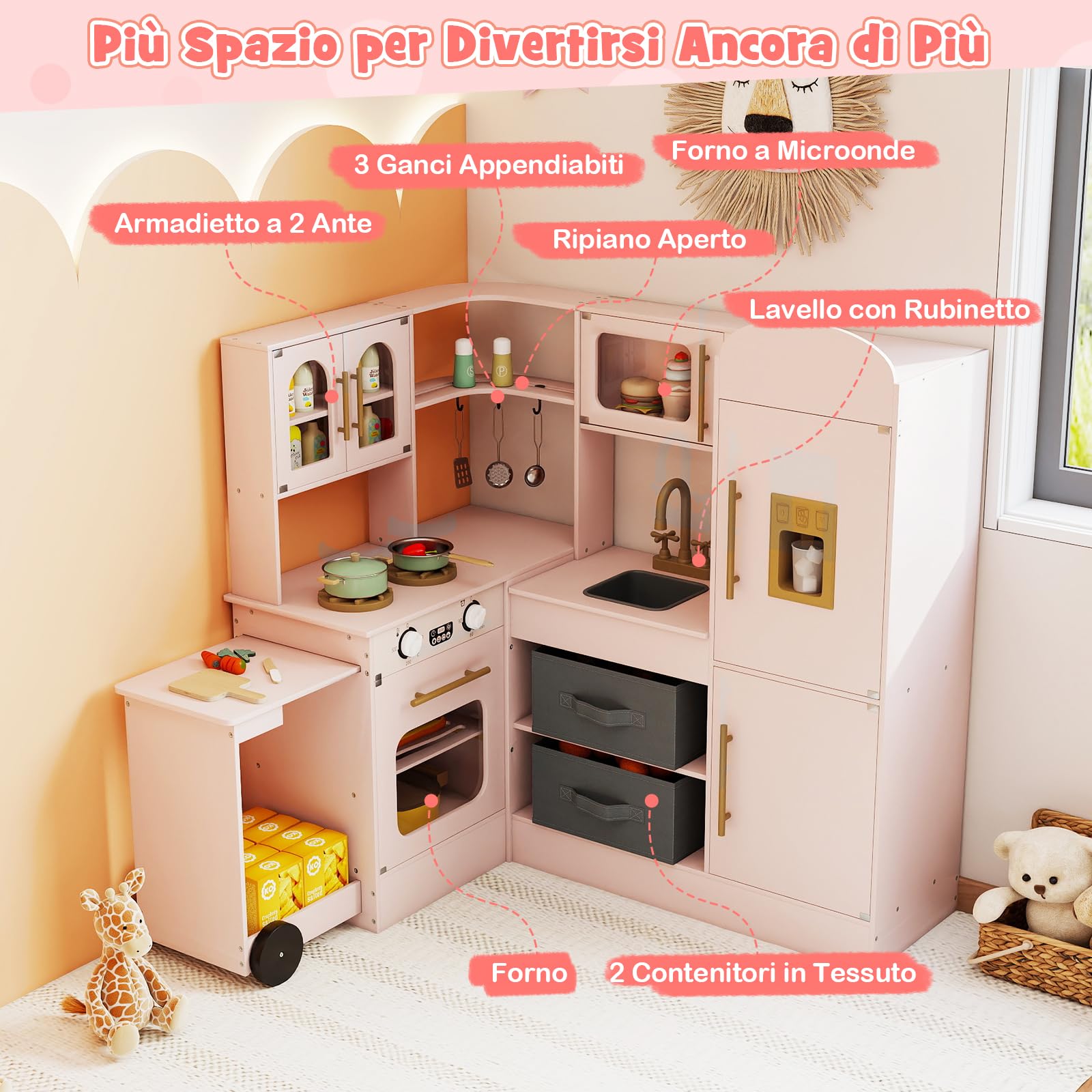 COSTWAY Cucina Giocattolo Angolare in Legno, Set di Cucina Giocattolo per Bambini con Lavabo, Fornelli, Forno, Frigorifero, Macchina del Ghiaccio e Accessori, per Bambini 3 Anni+ (Rosa)
