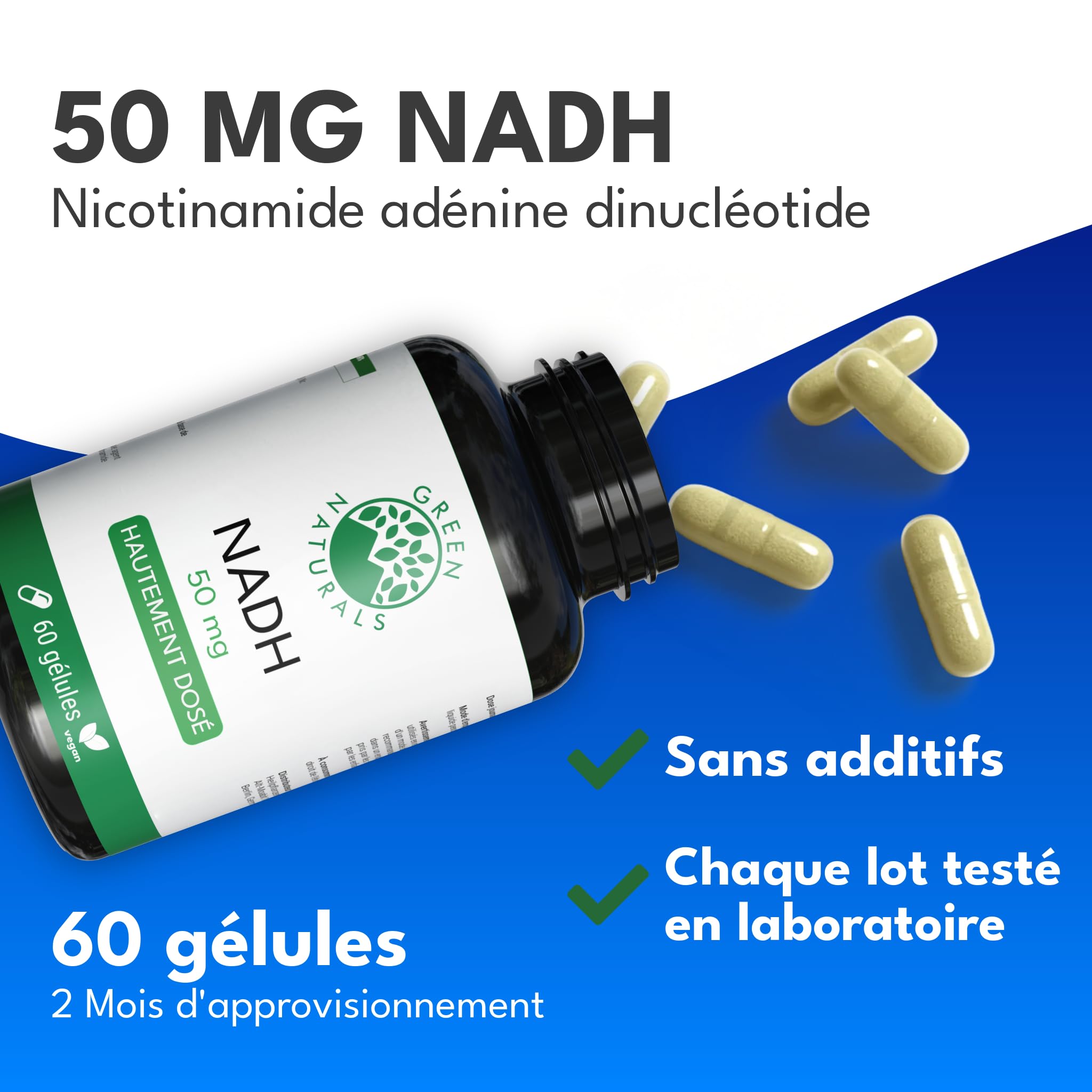 Green Naturals® NADH 50mg - 60 Capsules - De fabrication allemande - 100% Végétalien & Sans Additifs - Réserve pour 2 mois