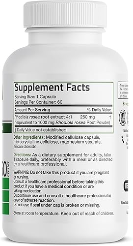 Miniatura 2 de Bronson Rhodiola Rosea Cápsulas vegetarianas  Hierba adaptogénica  Soporte para el cerebro, el estrés y el estado de ánimo, sin OMG, 60 unidades