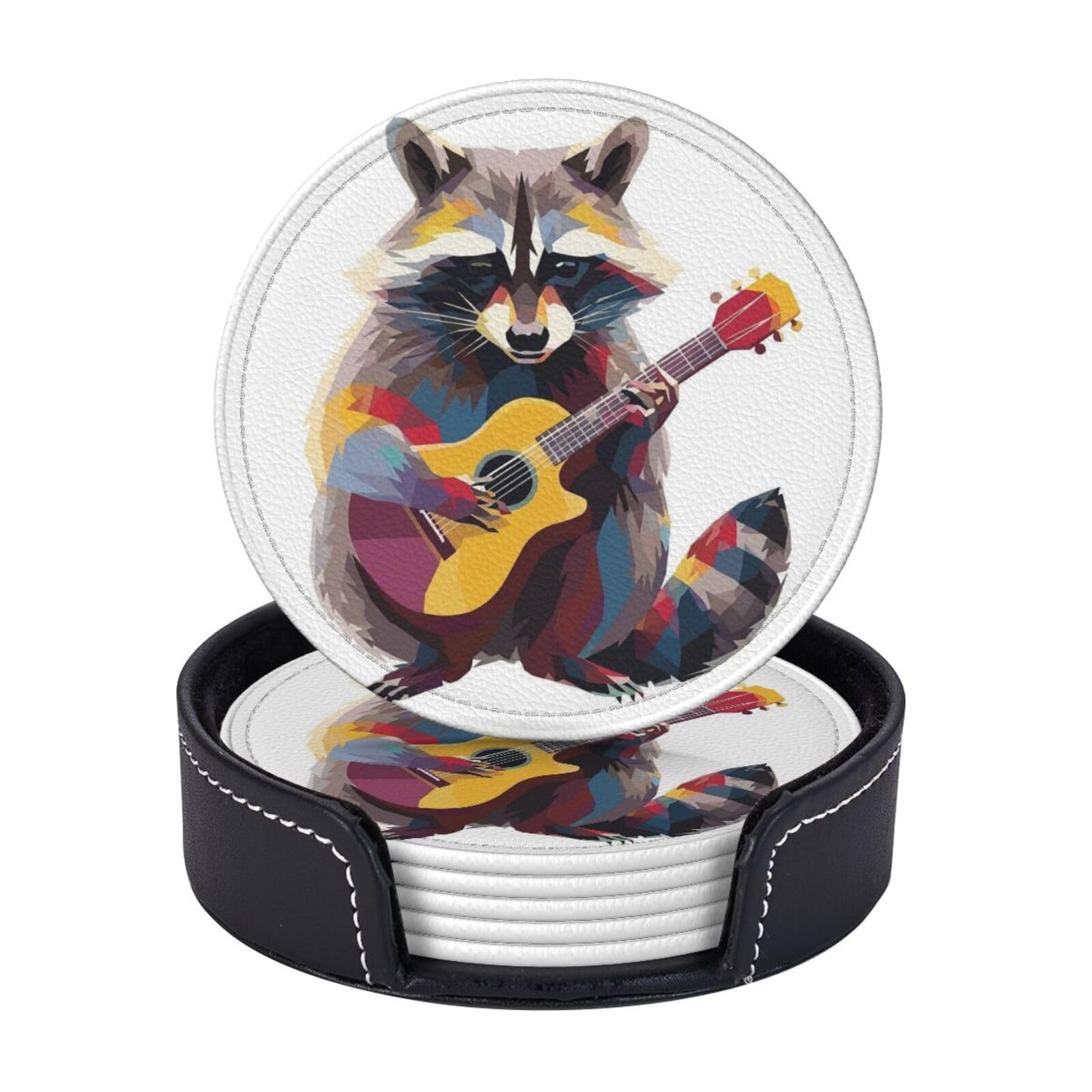 Drink Coasters 6 PCS Round Leather Coaster Funny raccoon Coasters for Drinks Non-Slip Mugs Pads with Holder Personalized Cups Pad Mat for Coffee Table Kitchen 10 CM