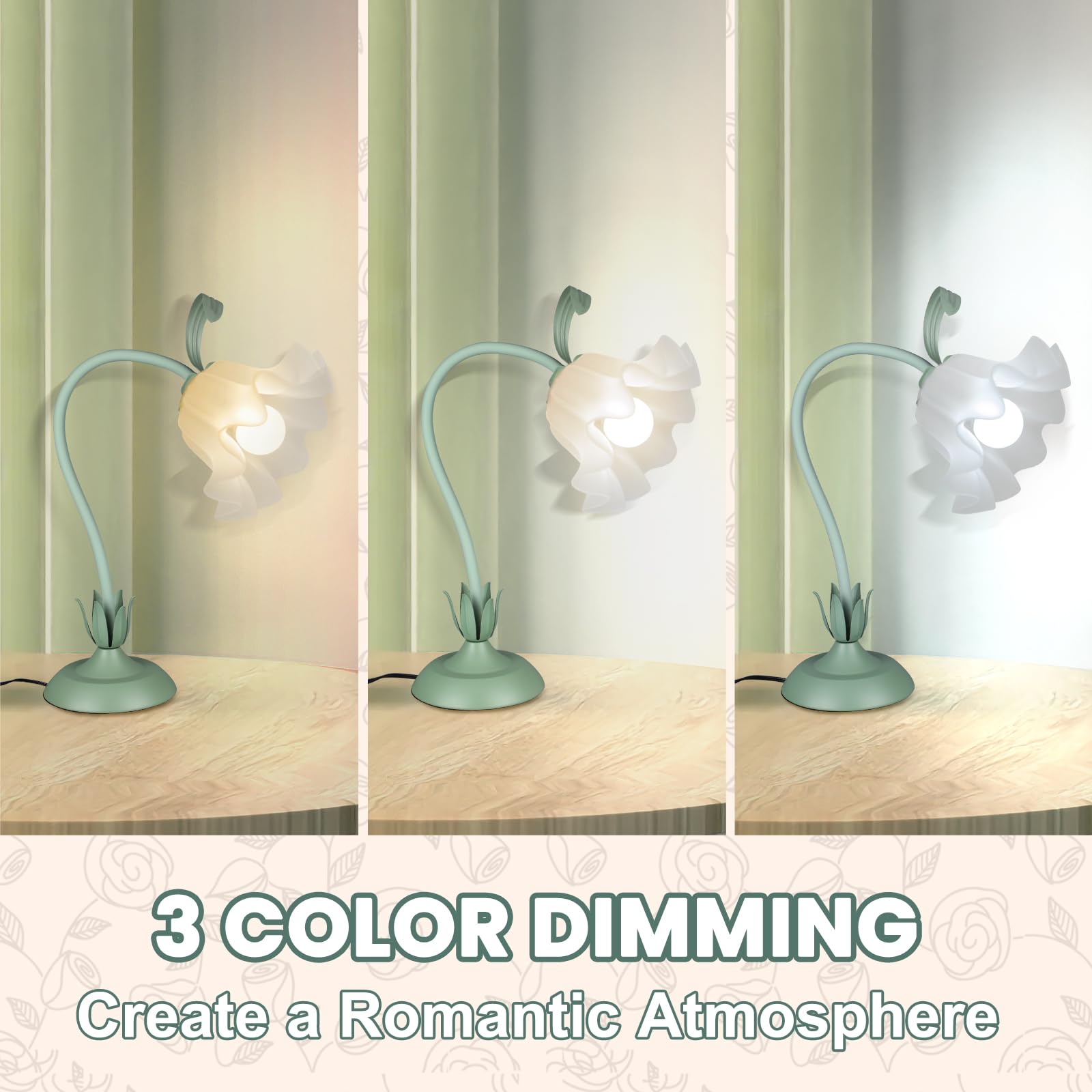 Lámpara de escritorio de flores, luz de lectura LED, luz nocturna de flores vintage, 3 modos de colores, lindas lámparas de noche, decoración de sala de estar, dormitorio, habitación, iluminación 2