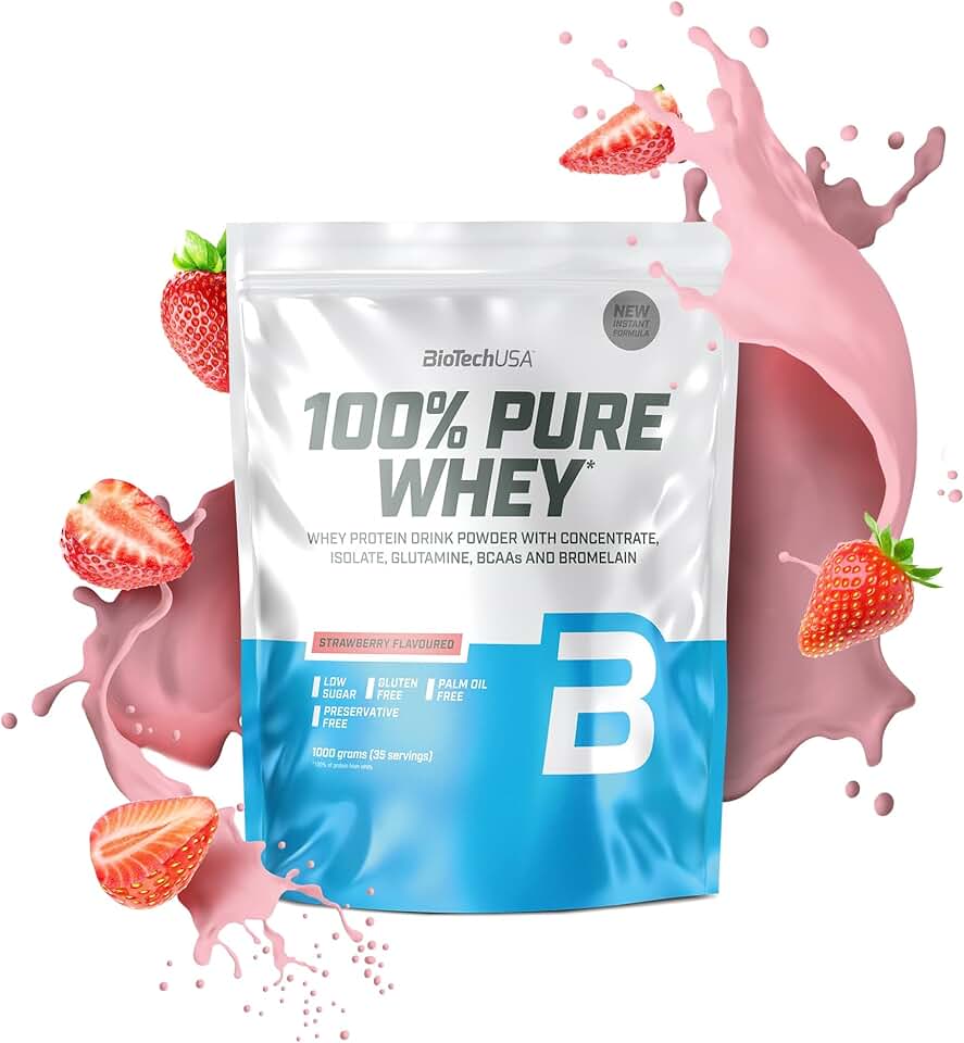 BioTechUSA 100% Pure Whey | Poudre de protéines avec BCAA et Glutamine | Sans gluten, sans huile de palme | 21g de protéines par portion, 1 kg, Fraise