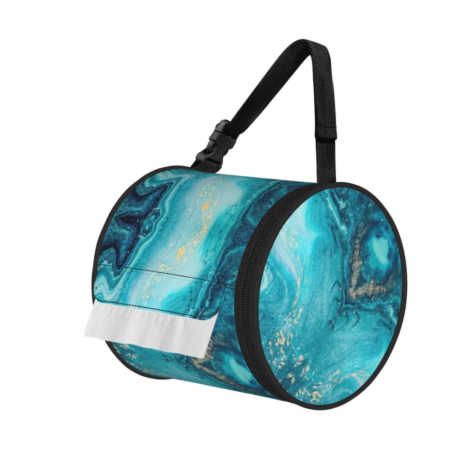 Stone Blue Gold Marble Print Round Paper Tissue Holder With Shoulder Strap, Portable Roll Case For Caravan Travel Use