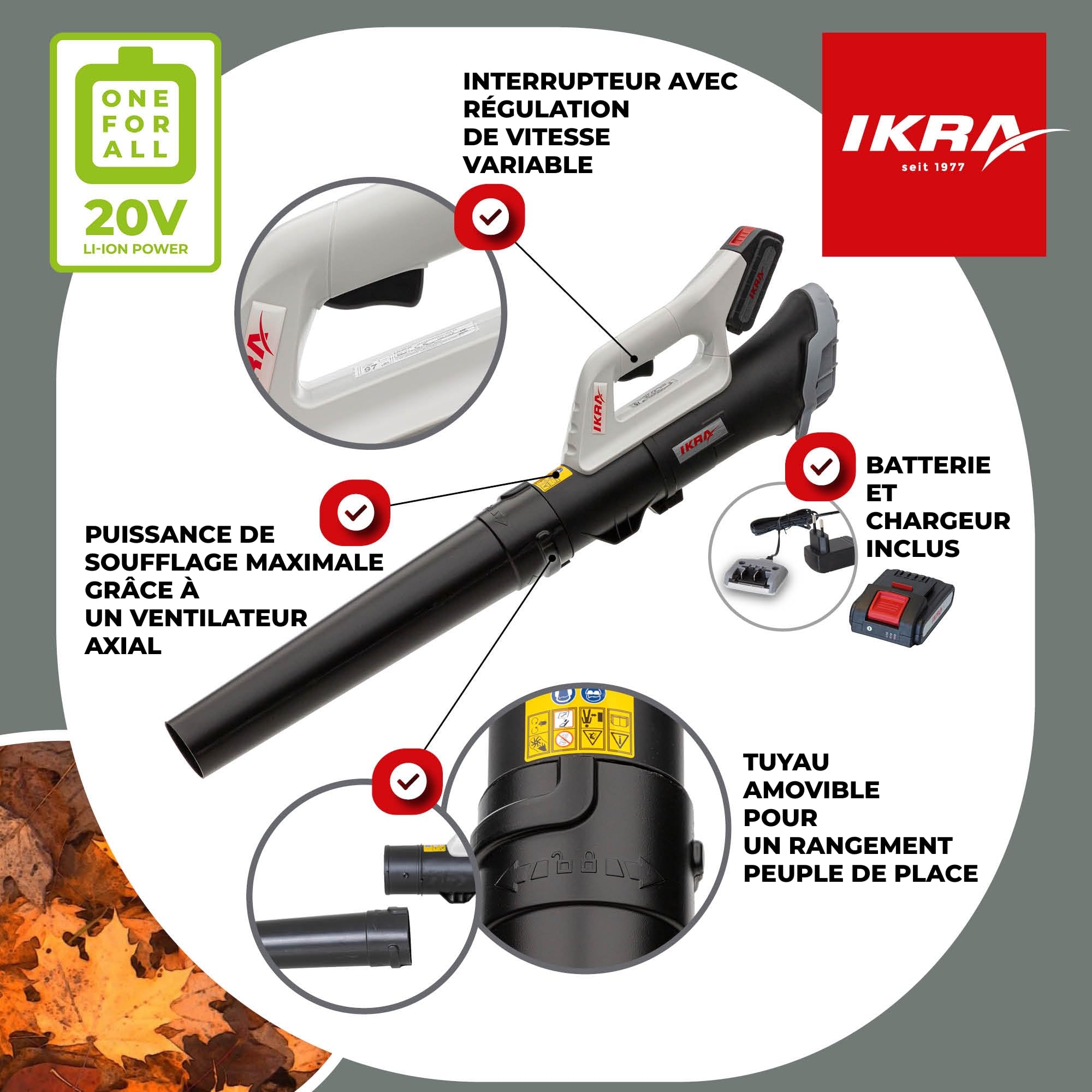 IKRA souffleur de feuilles ICB 20, batterie 20 V 2 Ah et chargeur, 150 km/h