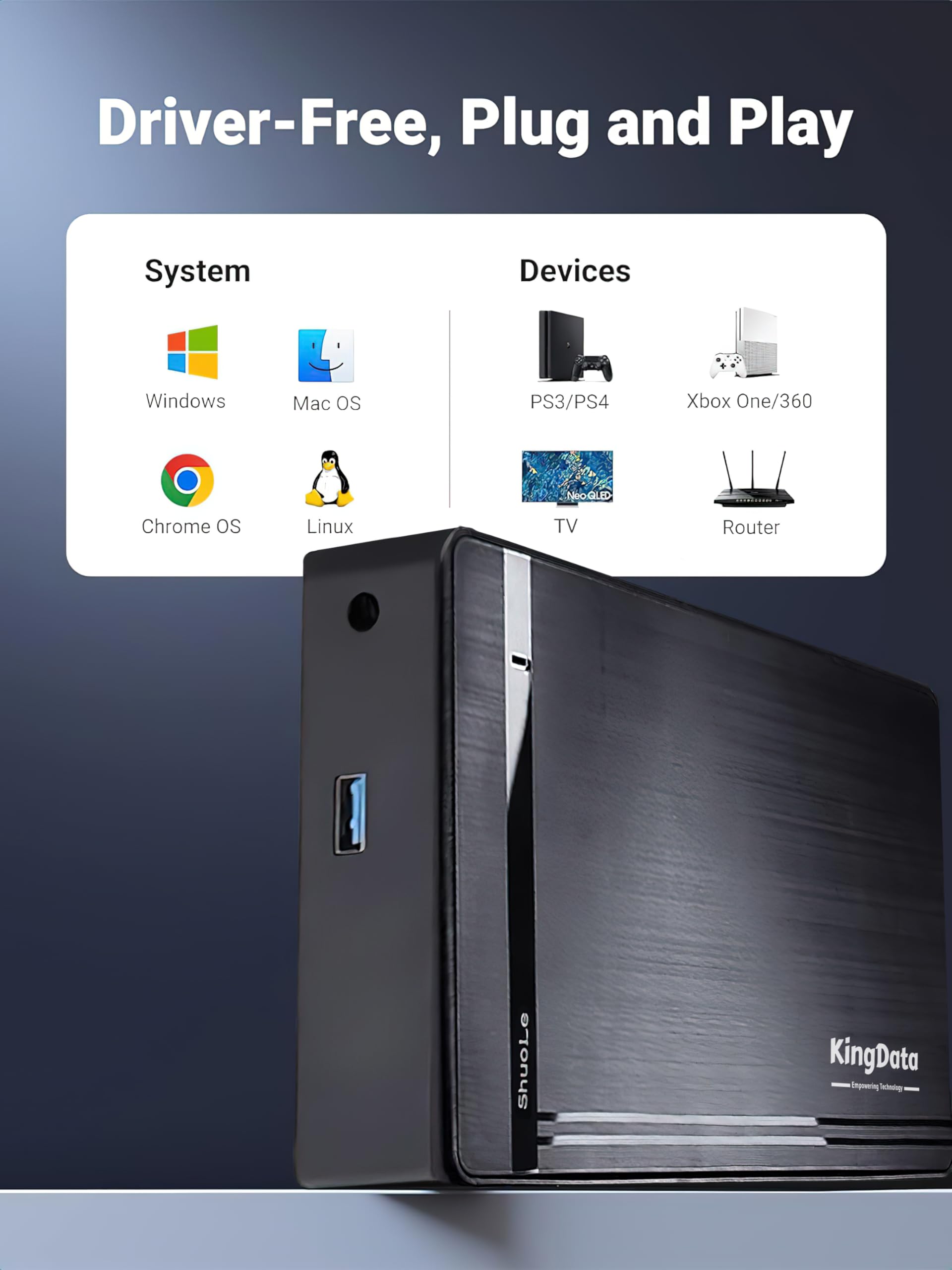 Custodia per Hard Disk KingData, Caddy USB 3.0 a SATA per SSD/HDD da 3,5 pollici con Adattatore di Alimentazione DC, Docking Station, Custodia SSD HDD Senza Attrezzi per Windows, Linux, Mac, PS4, Xbox