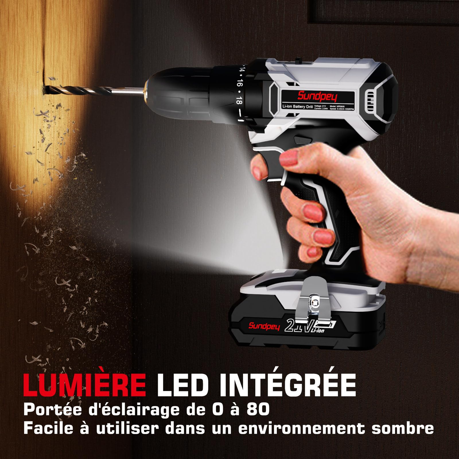 Sundpey Perceuse-Visseuse Sans Fil 21V 45Nm – 2 Batteries 2000mAh, 2 Vitesses, 18+1 Couples, 21 Accessoires, Lumière LED, Pour Bricolage Maison & Projets DIY