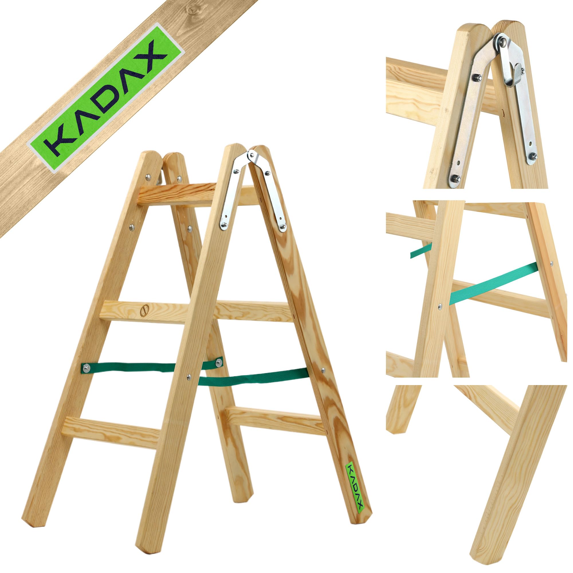 KADAX Escalera de Madera de Pino Imreganda con 3 Peldaños, Diseño Plegable y Soporte de hasta 150 kg, Ideal para Uso en Interiores y Exteriores
