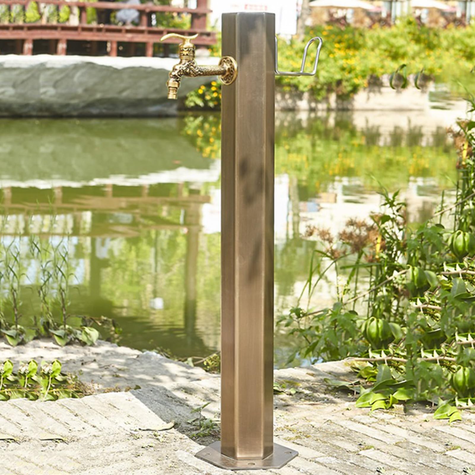 ZYCHSJXA Freestanding Garden Water Column with Copper Faucet Decorative Fountain Dispenser for Antifreeze Irrigation Hose Stand & Hydrant Function Ideal Outdoor Feature