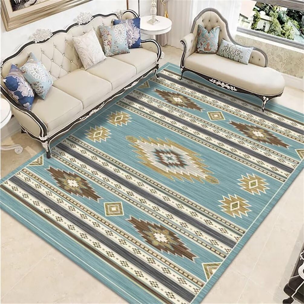 Tapis de salon lavable en machine 180x230 cm grand format bleu géométrique durable