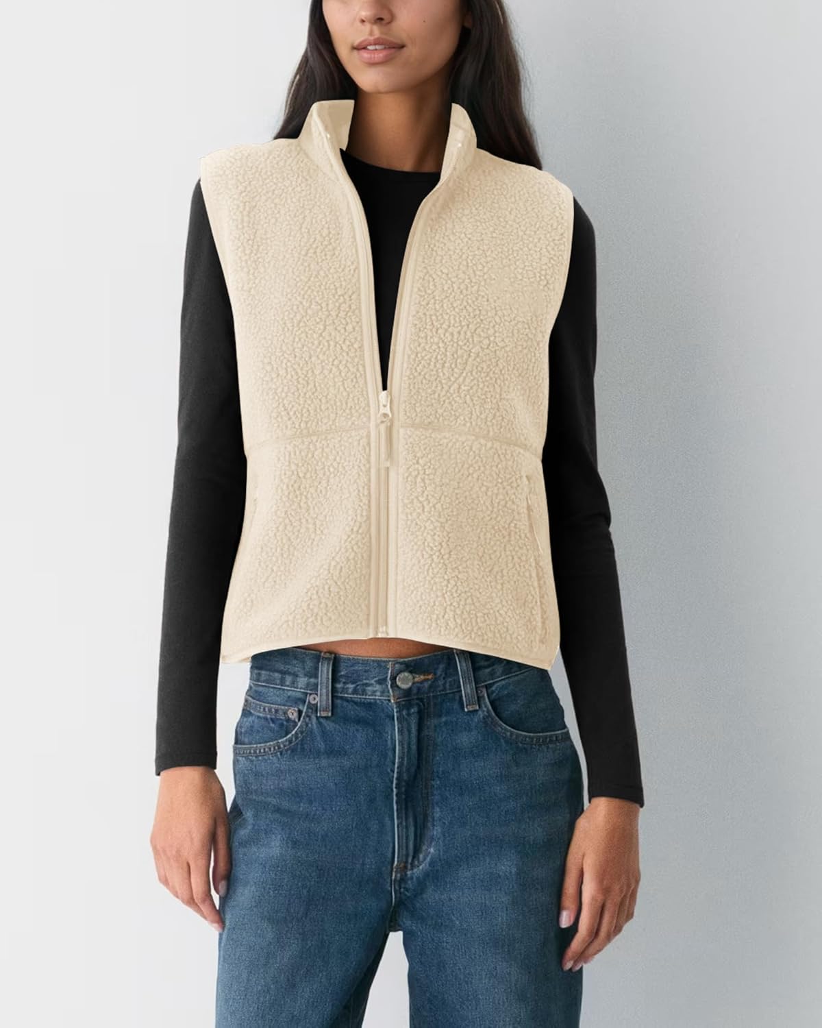 Gacaky Womens Sleeveless Cropped Fleece Vest Warm Sherpa Casual Zip Vest Fall Winter Lightweight Cozy Outerwear with Pockets - Image 7