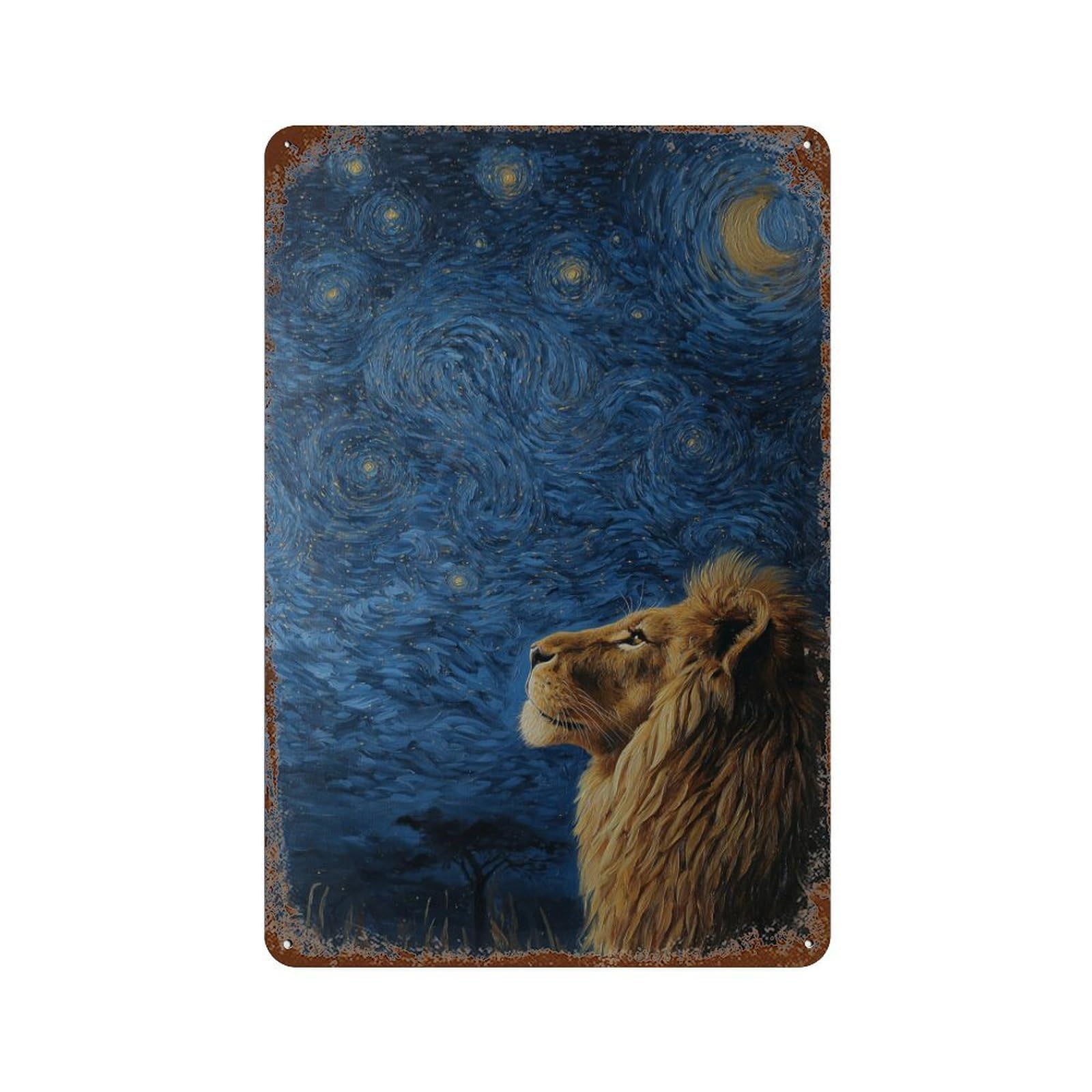 Lion Under Starry Sky Distressed Metal Wall Sign 11.8"x7.9", Shabby Chic Decor for Garage, Pub Or Kitchen