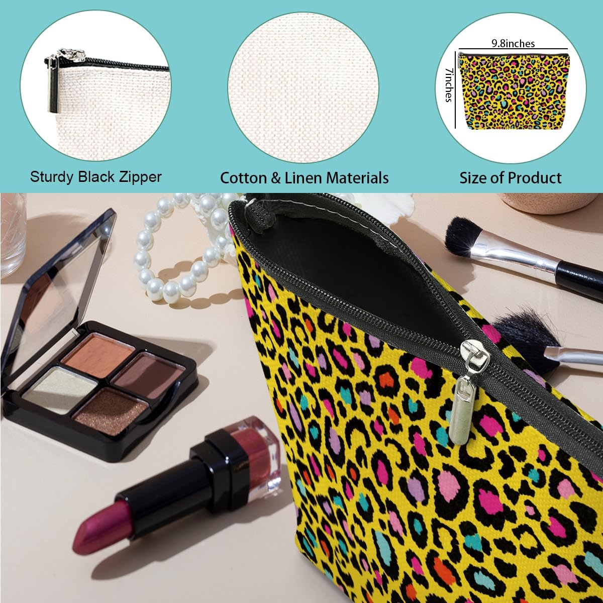 4 Pack Rainbow Leopard Print Makeup Bag Cosmetic Bags,Leopard Decor Gifts for Women Cheetah Lovers Daughter Girl Friend Sister Niece Nurse Friendship Anniversary Christmas Waterproof Toiletry Bag - Image 6