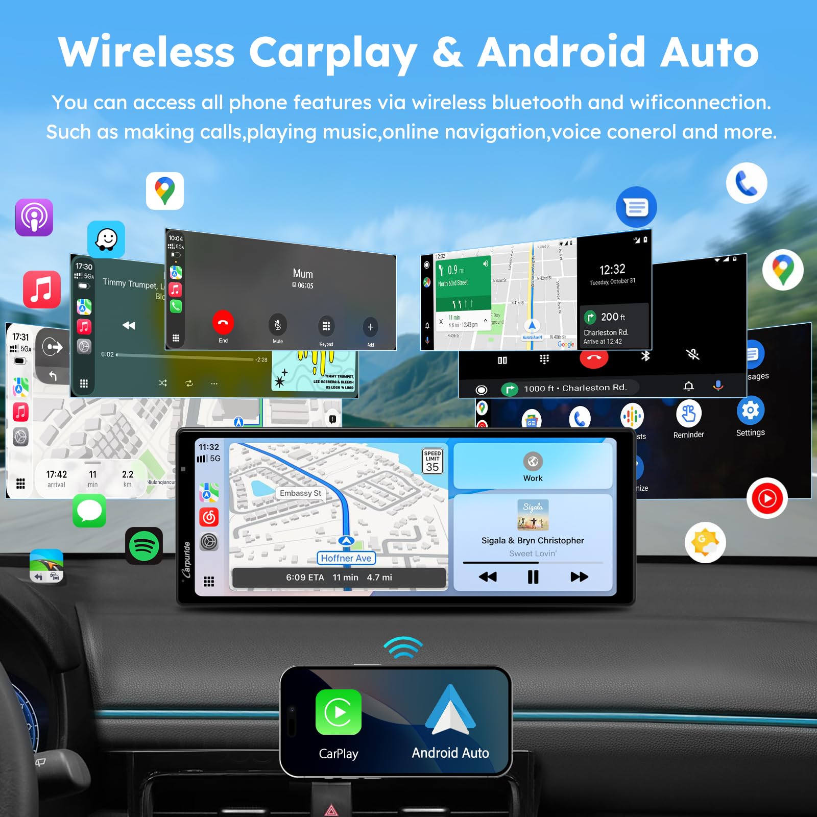 CARPURIDE W903S3 Pantalla HD de 9,3 Pulgadas con CarPlay y Android Auto, Frontal 4K + Trasera 1080p por Cable + cámara infrarroja, grabación en Bucle, GPS, FM, Bluetooth, Super Link