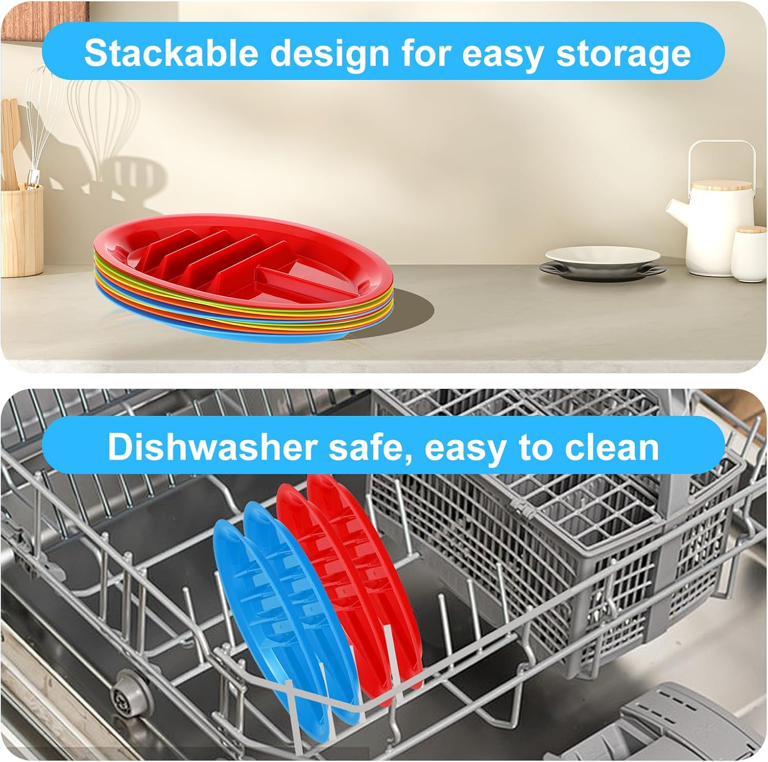 10 Pack Plastic Taco Plates with Dividers, 12.8 x 8.66 Inch Taco Holder Plate for Parties - BPA Free Plastic Serving Trays for Tacos Tuesday, Microwave & Dishwasher Safe (5 Vibrant Colors)