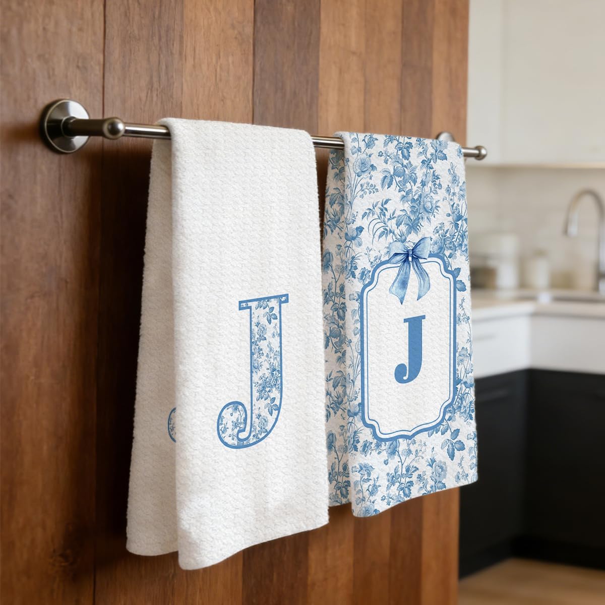 Chinoiserie Initial Kitchen Towels, Personalized Gifts for Women, Personalized Kitchen Towel, Initial J Waffle Dish Hand Towel for Home Bathroom Baking Dining Bar Decor Set of 2 14x24 Inch image 2