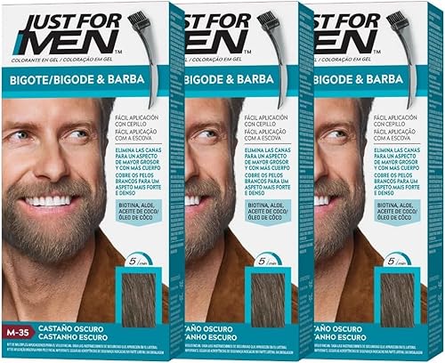 Just For Men Tinte Para Bigote Y Barba, Elimina Las Canas Para Una Apariencia Más Espesa Y Completa, Con Pincel Aplicador Incluido, Color Castaño Oscuro, M35 (3 Pack)