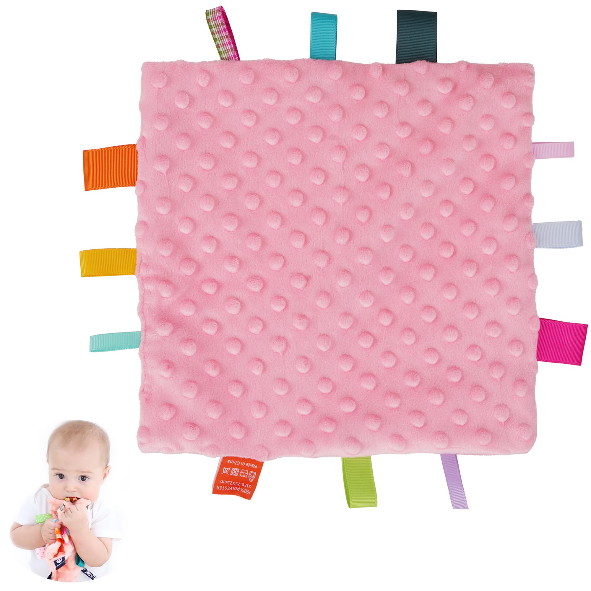 Baby Security Blanket with Colorful Tags Soft Plush Blanket, Soothing Sensory Pink Appease Blankets Infant Tag Toy(10 x 10 inches)