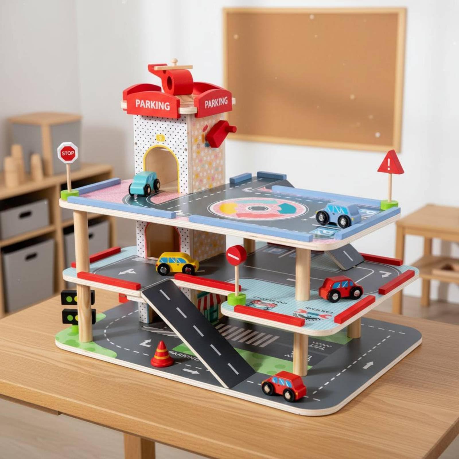 predolo Parking Jouet en Bois avec Ascenseur, Garage en Bois à 3 Niveaux, Parking Jouet Interactif, Multiples Accessoires Inclus, pour Enfants dès 3 Ans, M-Parking Centre