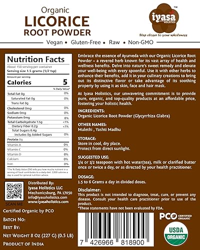 Miniatura 2 de Iyasa Holistics Polvo orgánico de raíz de regaliz,Mulethi,Glycyrrhiza glabra,16 oz,453 gm,Expectorante natural,Agente aromatizante de