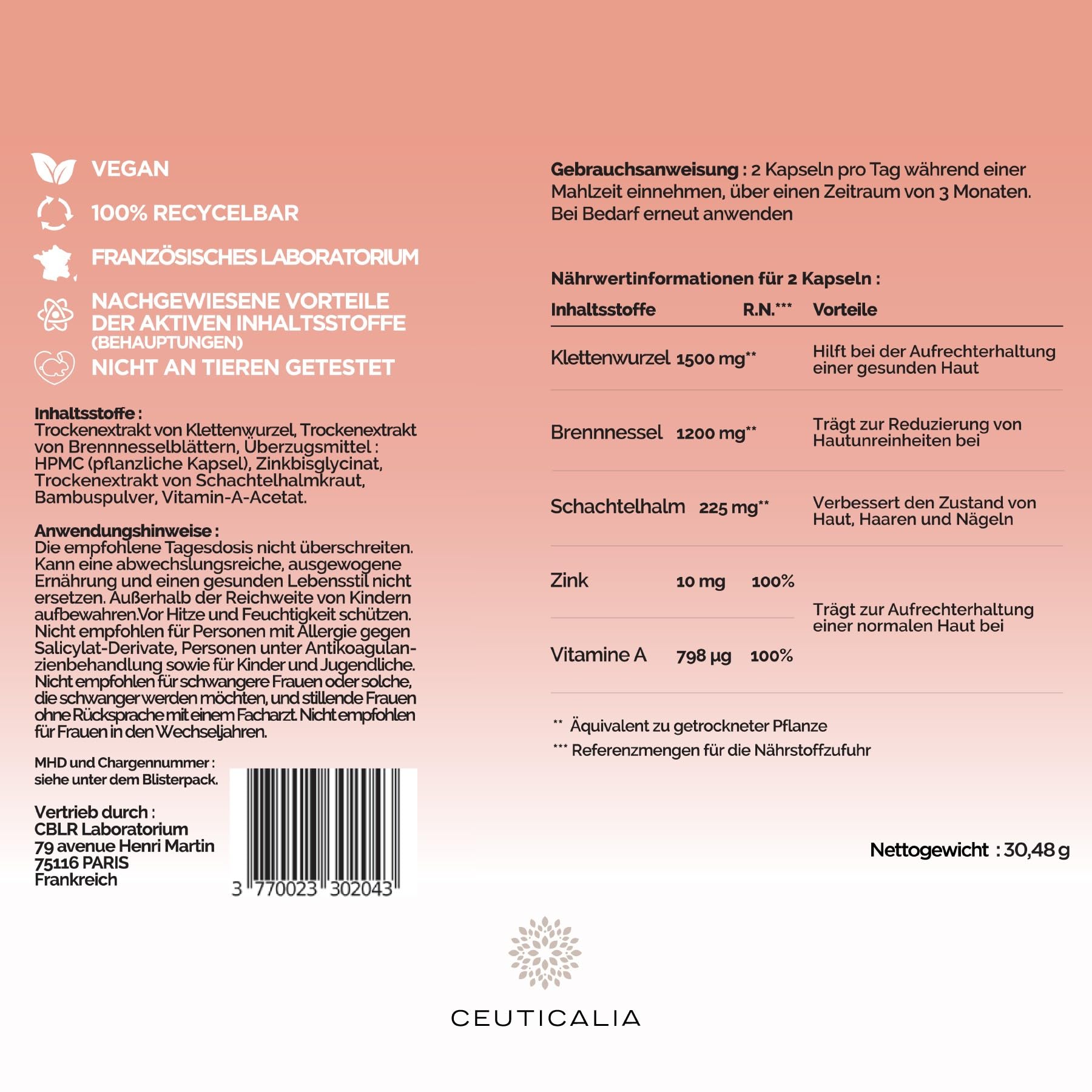 Nahrungsergänzungsmittel Haut - Akne, Mitesser, ölige Haut, Pickel, Unreiheiten Kapseln - Männer, Frauen - Zink, Vitamin A, Brennessel, Arctium, Schachtelhalm - 180 Kapseln, 90-Tage-Kur