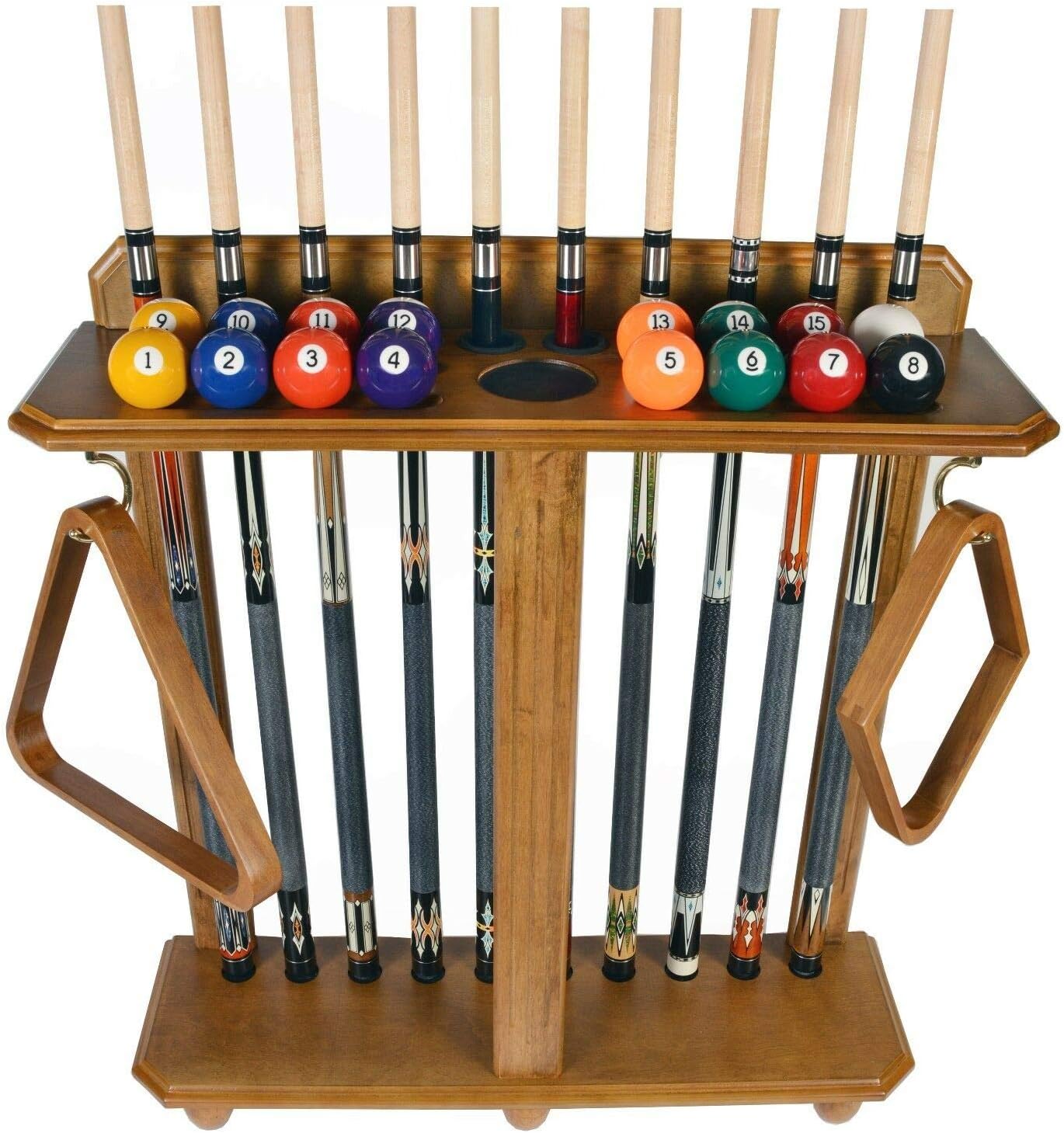 Wooden Rectangular Cue Rack Floor Freestanding Rack Stand, 10 Pool Billiard Sticks Rack, 8 Ball Snooker Cue Stick Holder Floor Rack, 2 Hook, Decor Furniture, Cue Rack Only, Oak Color