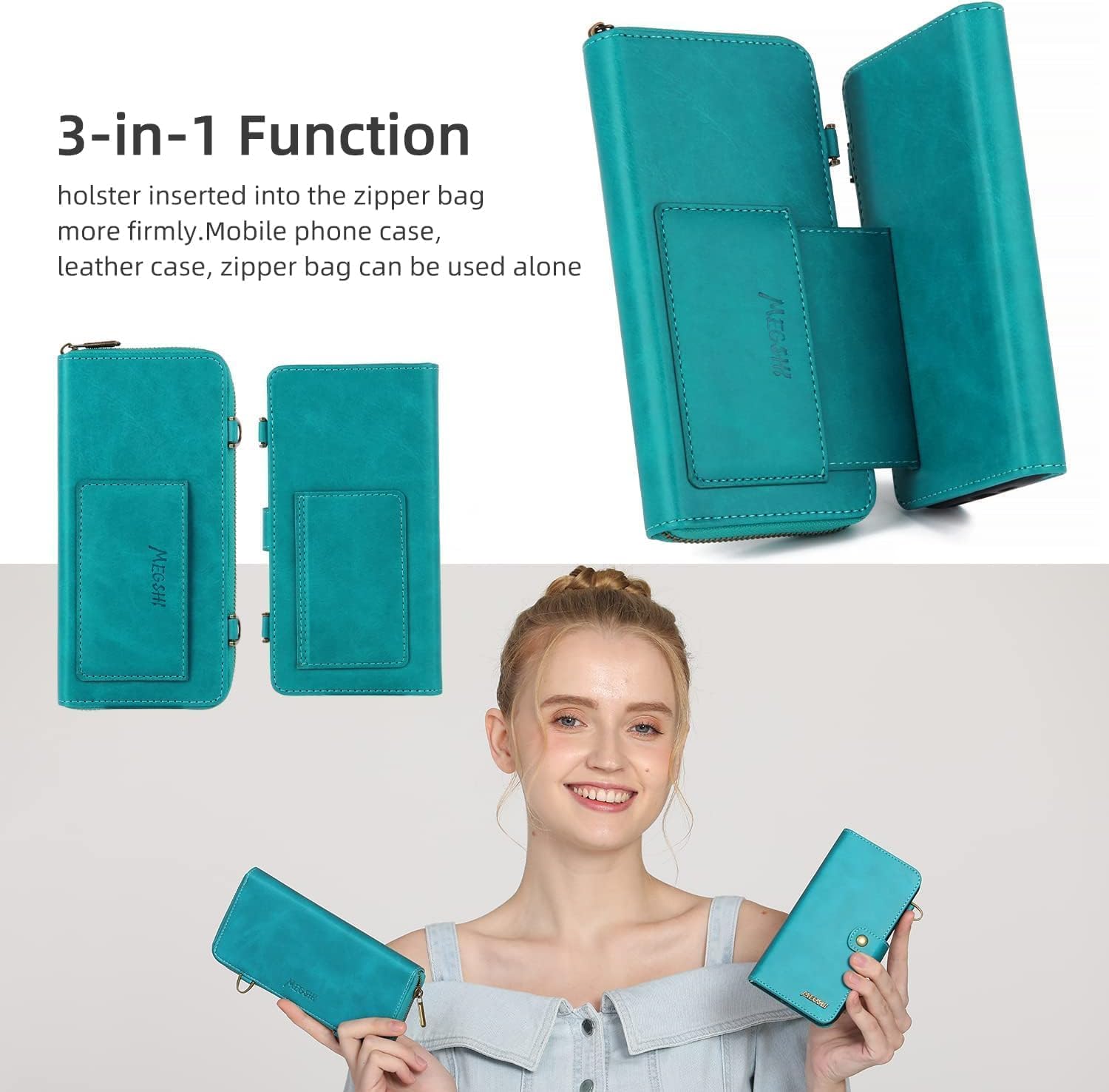 Detachable 2 in 1 Wallet Case for Google Pixel 9 Pro XL with Detachable Wrist Strap,Crossbody Shoulder Strap,9+ Card Slots Zipper Purse,Stand Phone Cover for Pixel9 9Pro 9ProXL Nine Blue