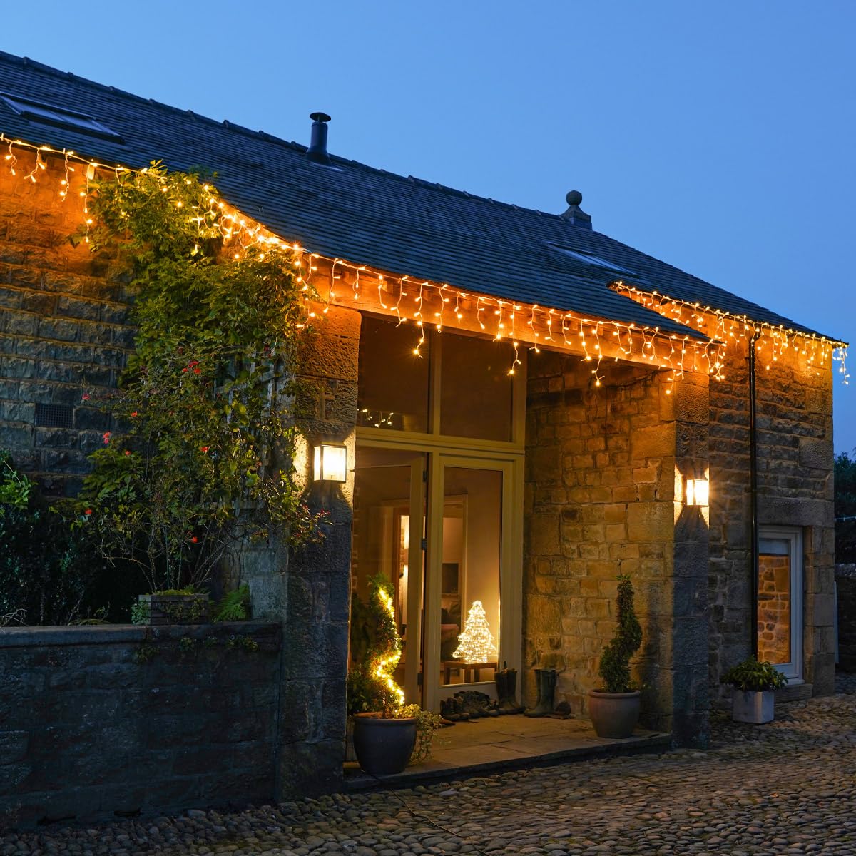 Festive Lights - ConnectPro® 10m Connectable Christmas Icicle Lights - 240 Vintage Warm White Static LEDs - Mains Operated IP65 Outdoor Waterproof Hanging Decoration - Heavy Duty White Rubber Cable