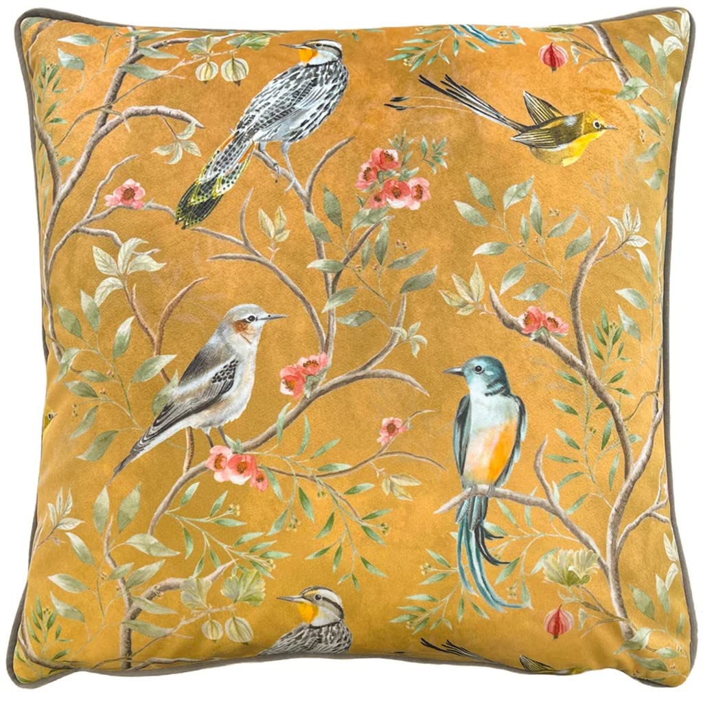 Furn. Gold Wylder Tropics Orient Cushion Cover – Velvet Chinoiserie Birds Floral Design ( – 43 X 43 Cm)