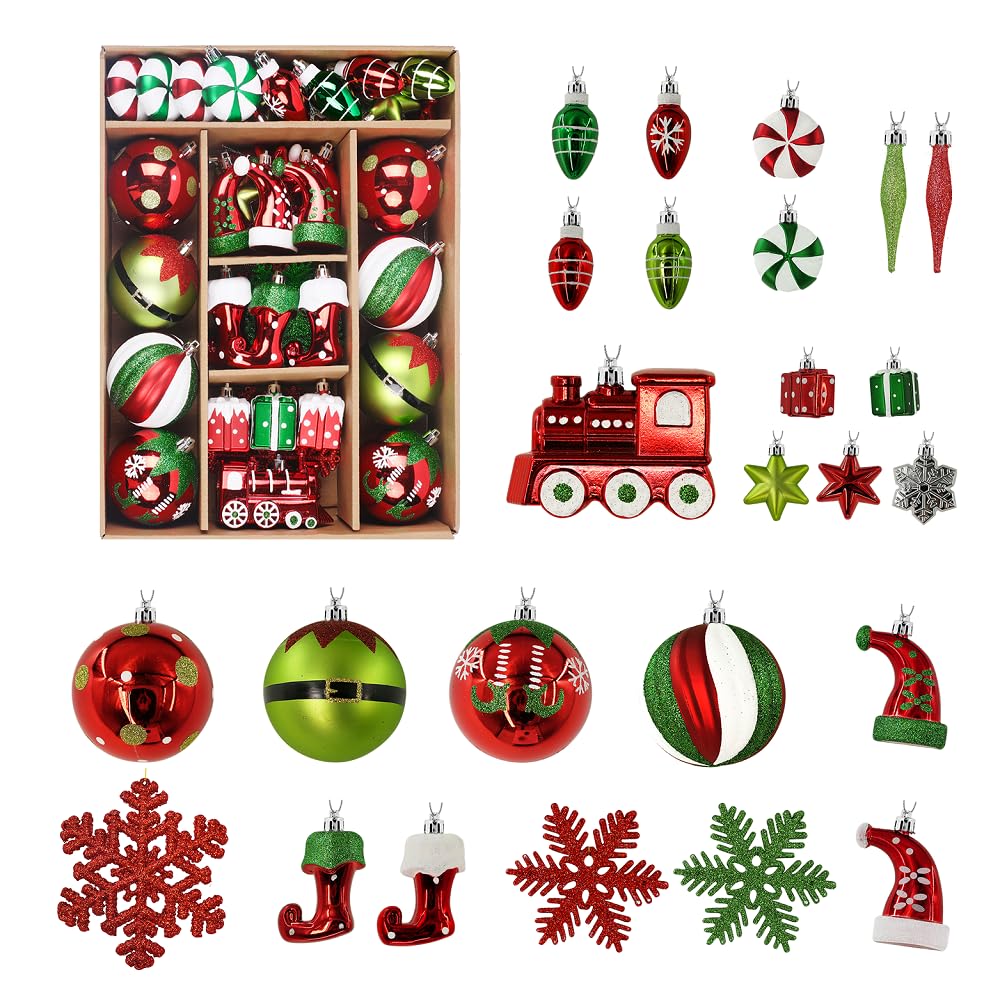 Shareconn 75 pcs Christmas Ball Set - Ornements en Plastique pour la décoration du Sapin, Les fêtes de Fin d'année et Les Mariages - Rouge, Vert et Blanc