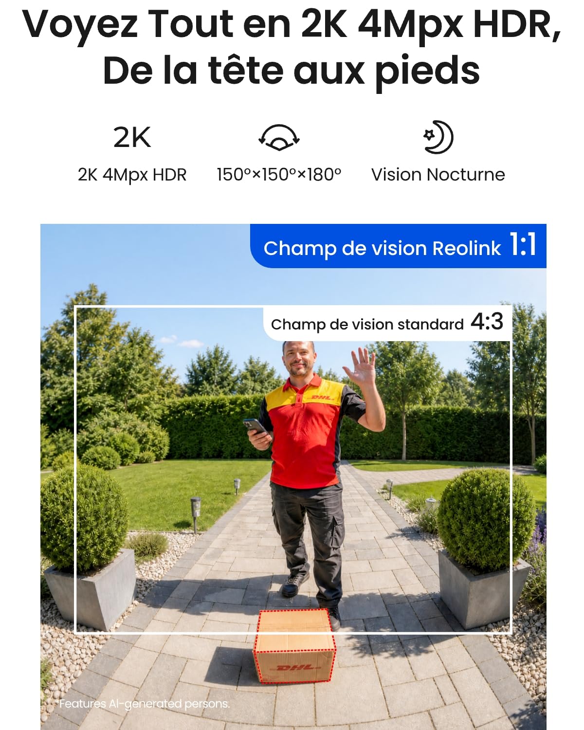 Reolink Sonnette Vidéo à Batterie (2e Gén) Caméra 2K Extérieure | Stockage Local Sans Frais, Vue Intégrale 150x150°, Wi-Fi 2,4/5 GHz, Détection Intelligente, Interphone, Enregistrement 24H/24